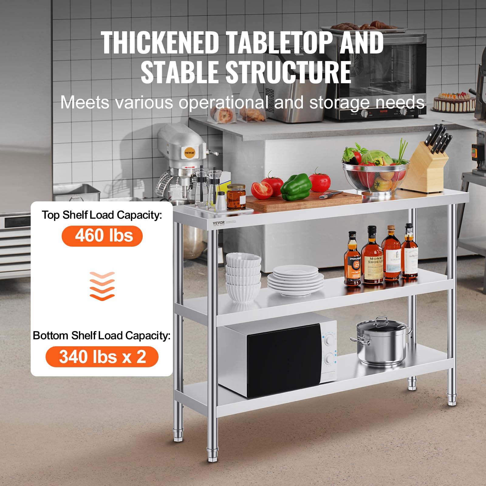 VEVOR Mesa de Preparación de Alimentos 356x1219x864 mm de Acero Inoxidable Con 2 Estantes Inferiores Ajustables para Parrilla, Cocina, Hogar
