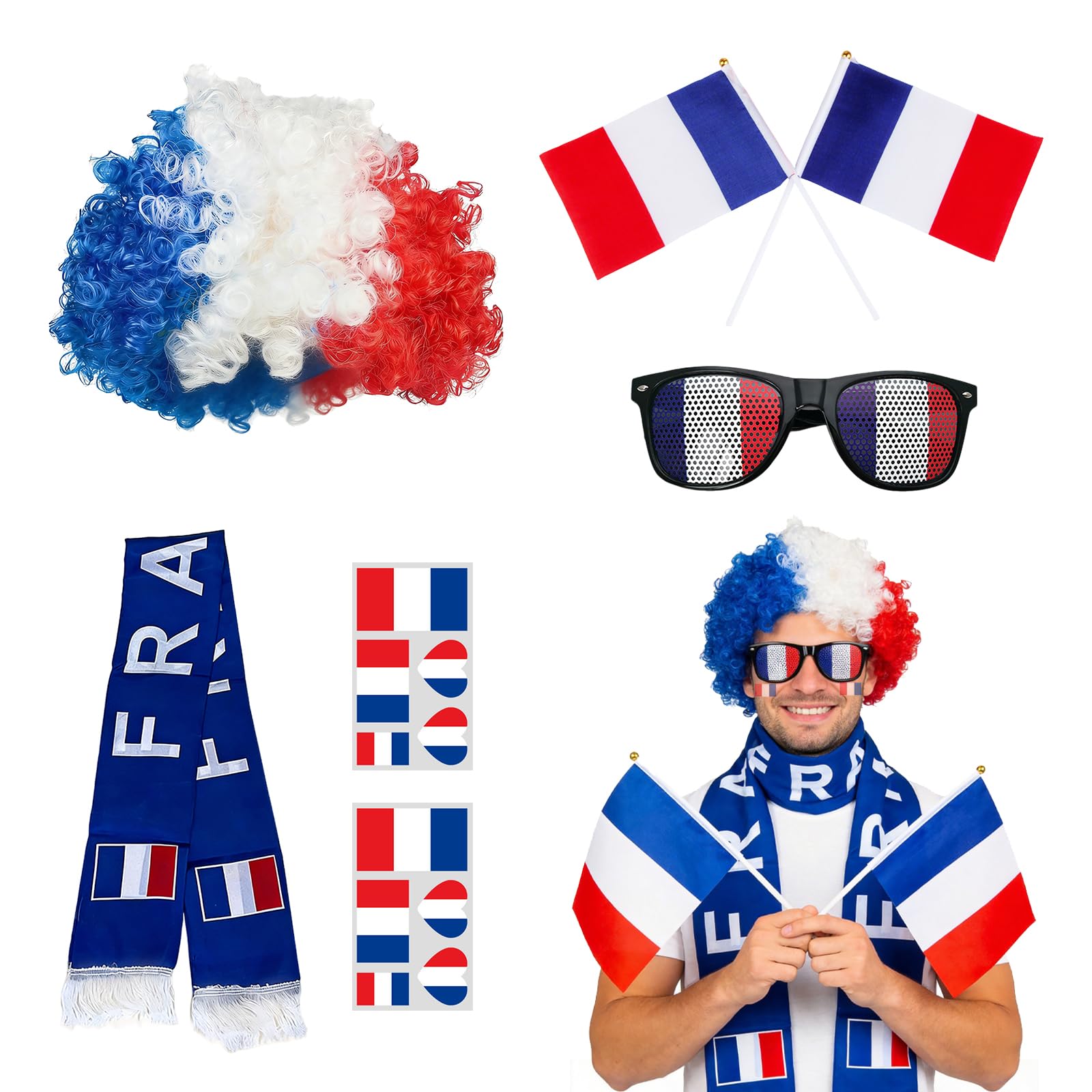 Kit Supporter France 7 Pièces, Football Accessoire avec Lunettes Écharpe Perruque et Drapeau pour Coupe du Monde 2026 Fête Garçons Filles au Stade