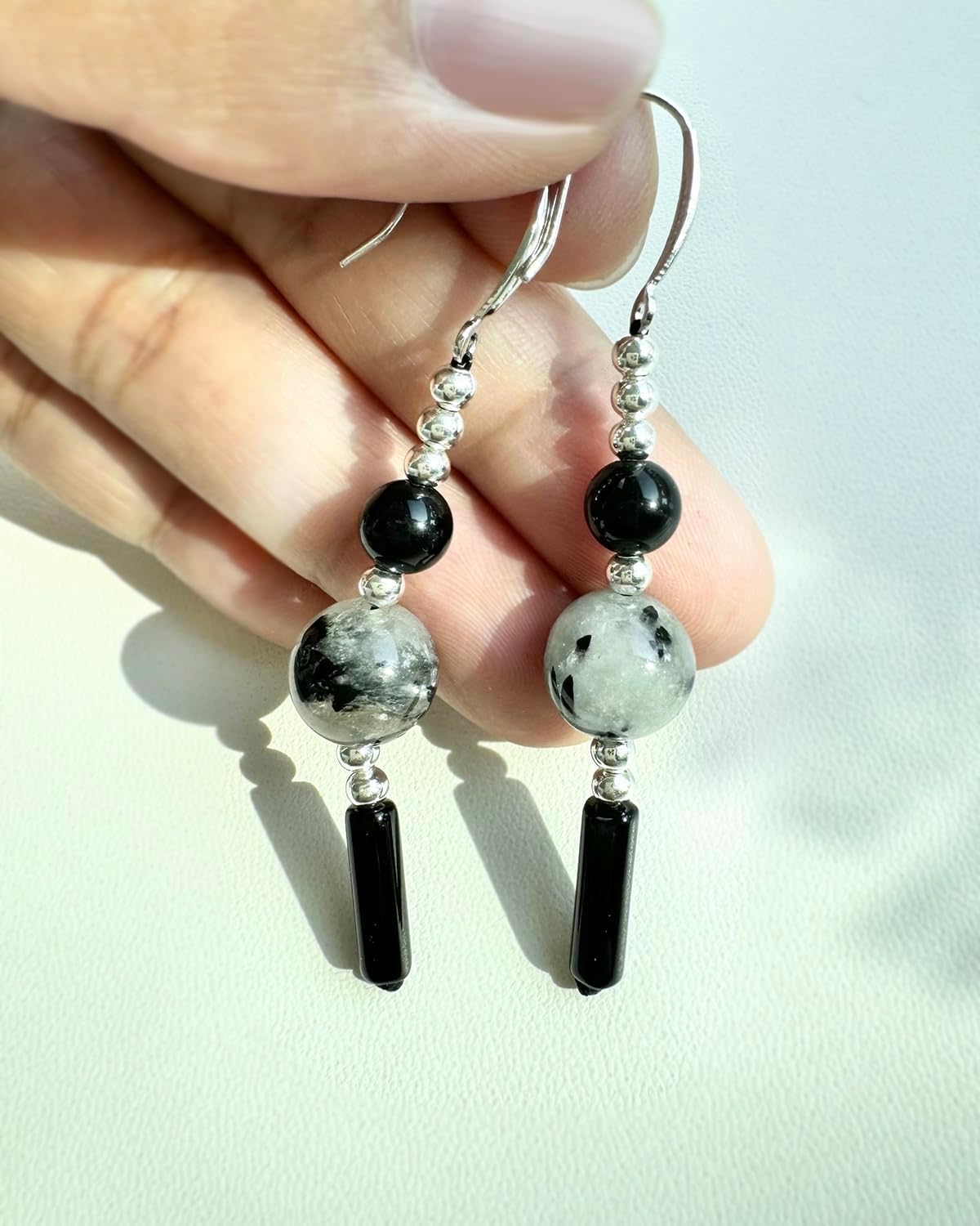 Jewever 925 Sterling Silver Earrings Obsidian/Black Rutilated Quartz/Agate Dangle Earrings for Women Trendy Protection Jewelry Love Gifts