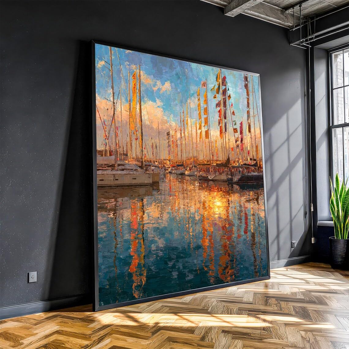 XINBAO Sunset Marina Wall Art - Sailboat Harbor Canvas Print - Colorful Coastal Painting - Ocean View Nautical Decor Painting(20x20cm/Inner Frame)