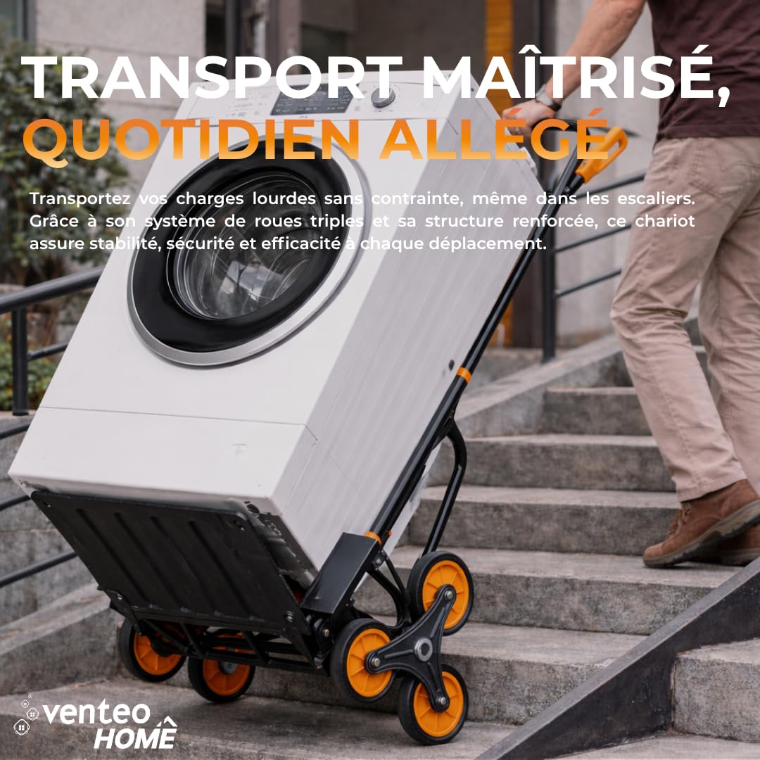 Venteo | Chariot Pliable Monte Escalier | Diable de Transport avec Plateforme Antidérapante | Diable Pliant à Roues Triples | Forte Capacité de Charge et Rangement Optimisé | Colis de Déménagement