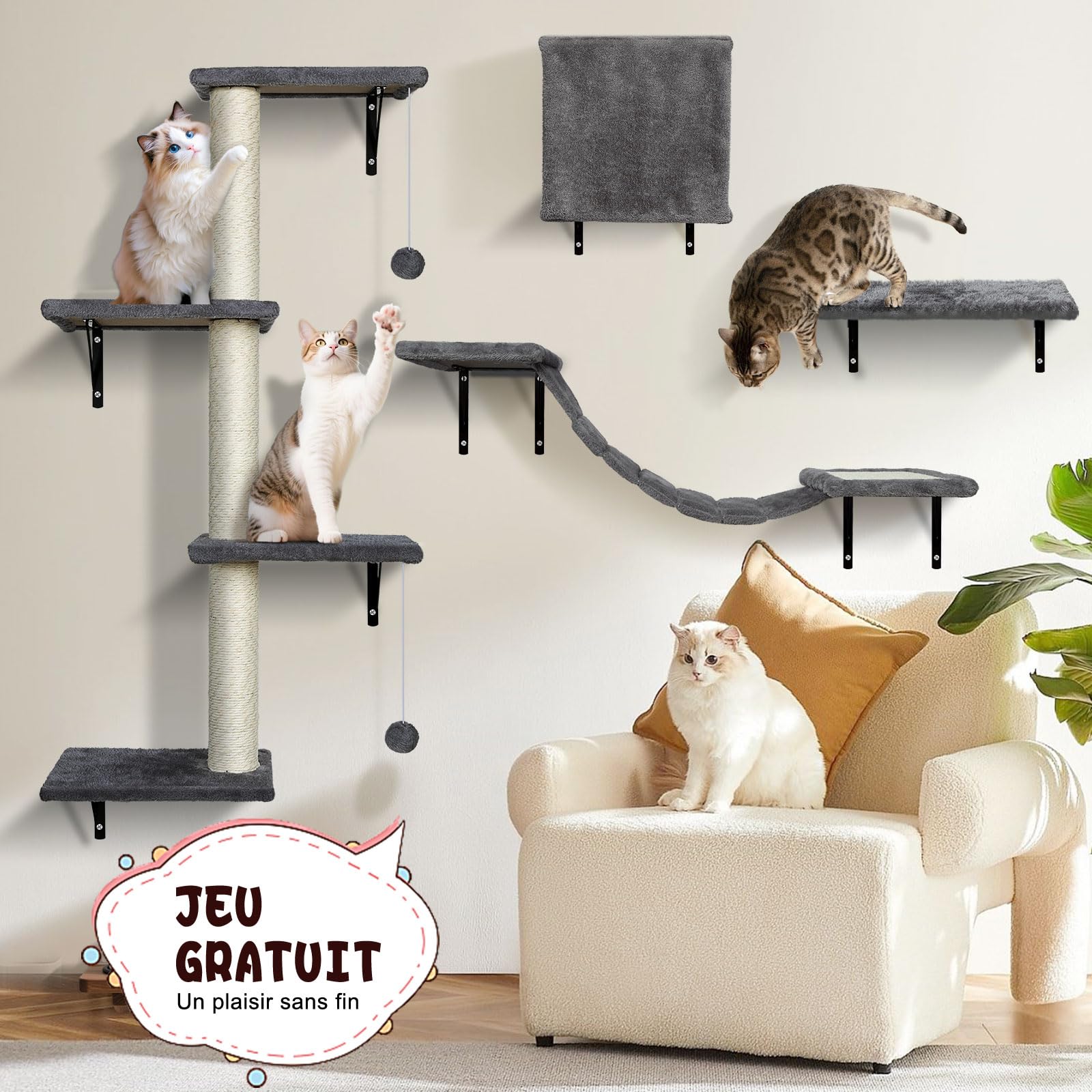 Masthome Étagère Murale pour Chat, Mur d'escalade pour avec Balle, 4 pièces Meubles Muraux pour Chat,Stable pour D'intérieur Jusqu'à 10 kg (Gris)
