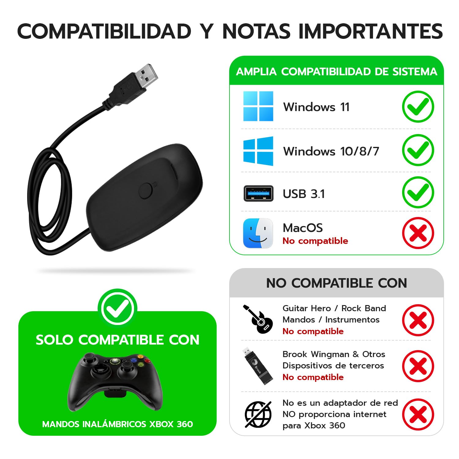Mcbazel Adaptador de Receptor inalámbrico inalámbrico USB 2.0 para Microsoft Xbox 360 Desktop Pc Laptop Gaming,Receptor Xbox 360 - Negro