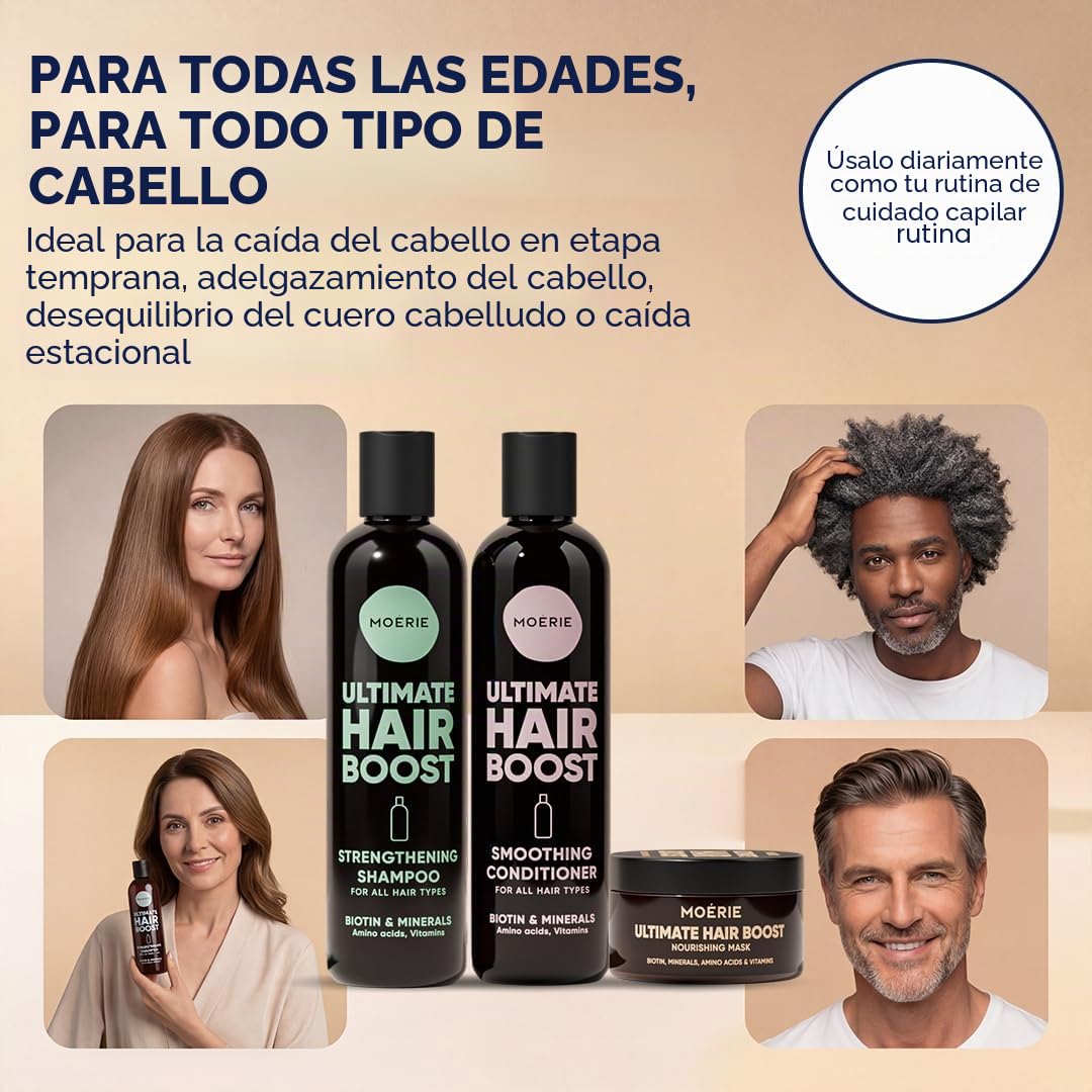MOERIE Juego de champú de 3 piezas – Champú para el crecimiento del cabello, acondicionador y mascarilla contra la caída del cabello, acelerar el crecimiento del cabello de forma natural, remedio