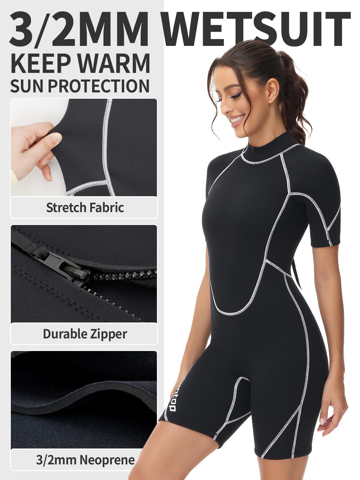 Owntop Combinaison Shorty 3/2mm Femmes - Combinaison de Plongée à Fermeture Éclair Arrière pour Plongée Surf, Manches Courtes Néoprène Extensible pour Sports Nautiques, Femme Noir L