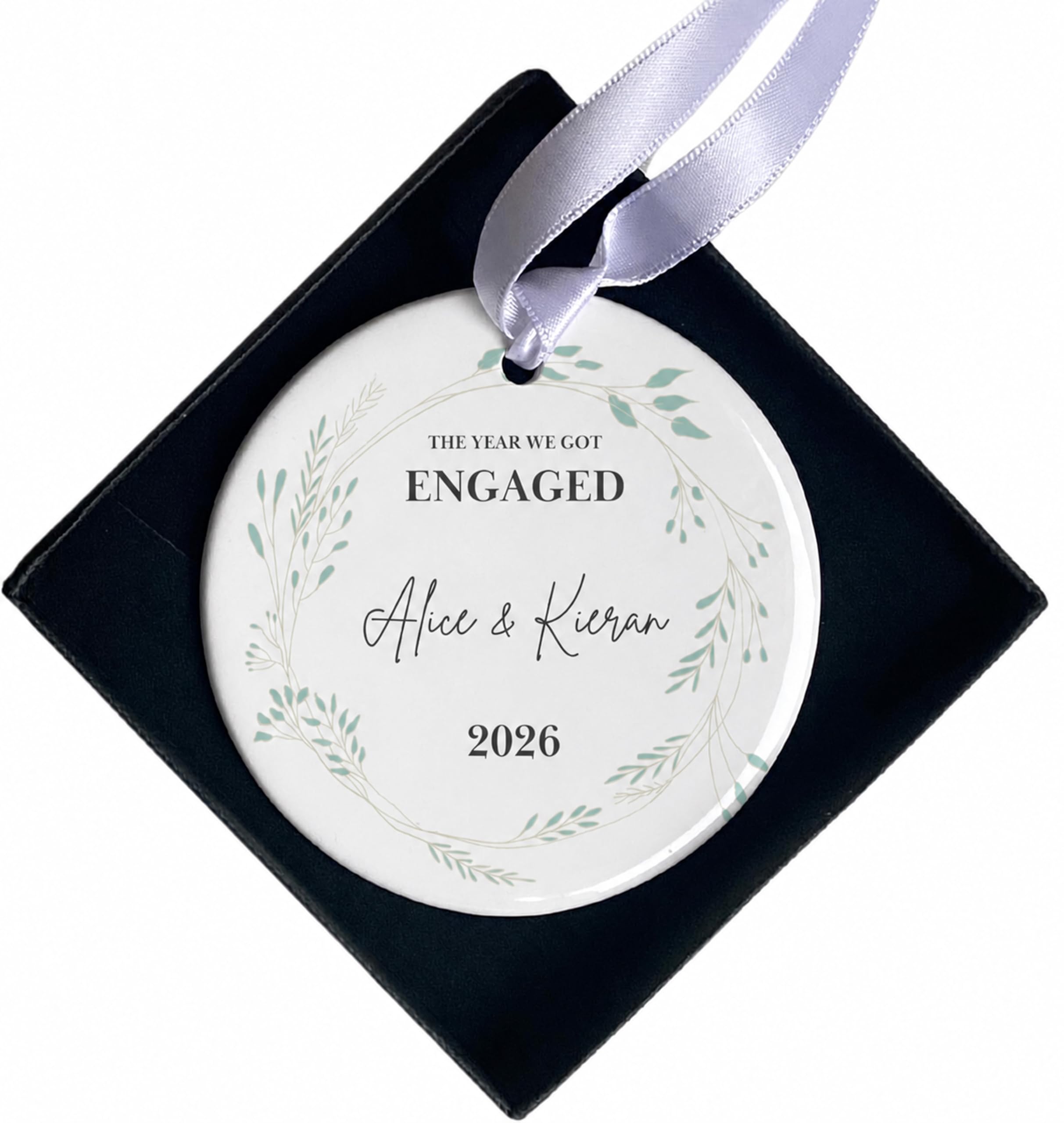 Personalised Engagement Christmas Decoration, 1st Christmas Engaged Bauble, Newly Engaged Couple Keepsake, Ceramic Tree Ornament with Gift Box