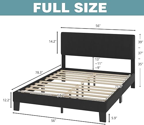 Miniatura 2 de Lifezone Base de cama matrimonial con cabecero, marco de cama tapizado de lino con soporte de listones de madera, no necesita somier, pies