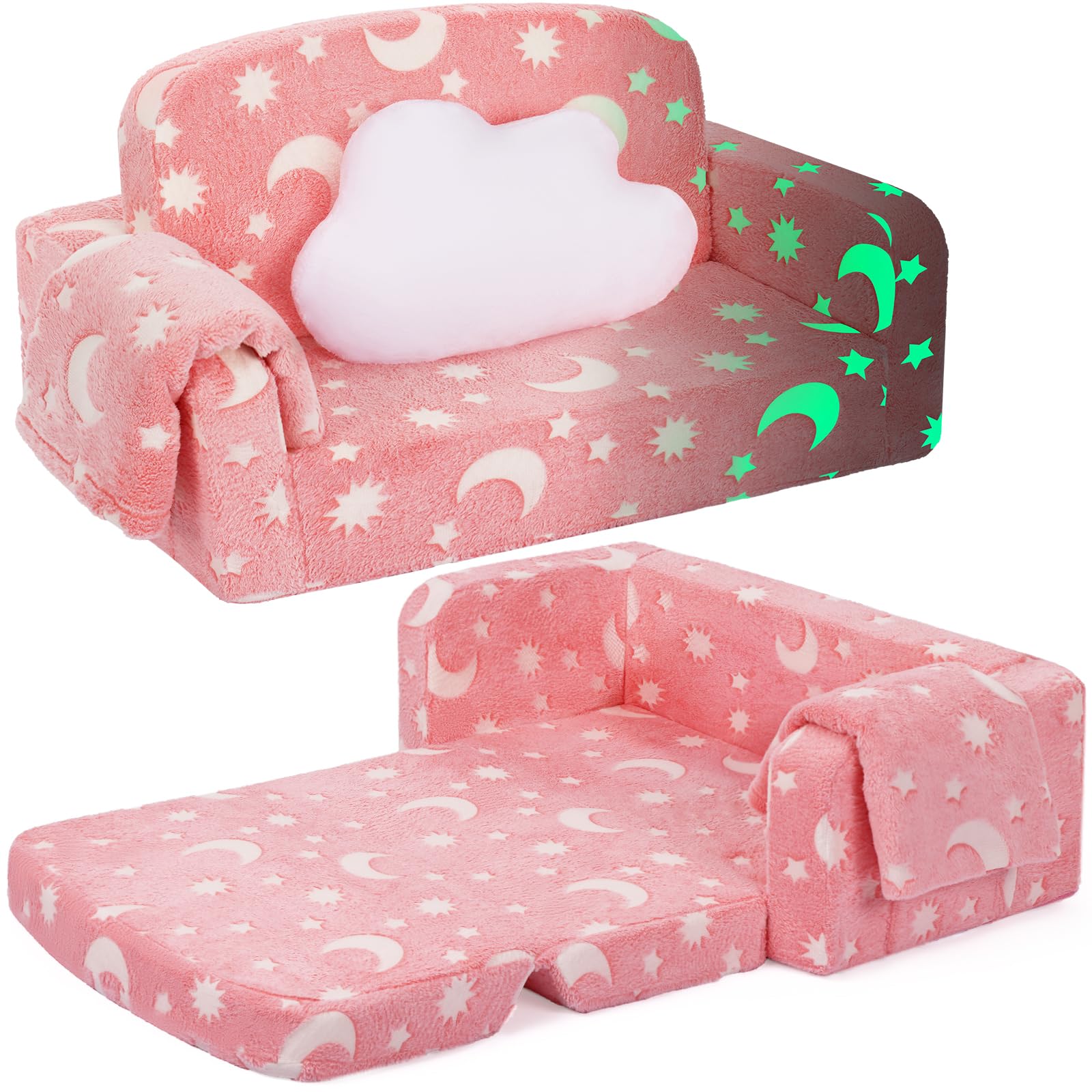 Foryoomi Extra Wide Kids Couch, Kids Sofa, Toddler Sofa, Glow in The Dark, 2-in-1 Soft Toddler Couch