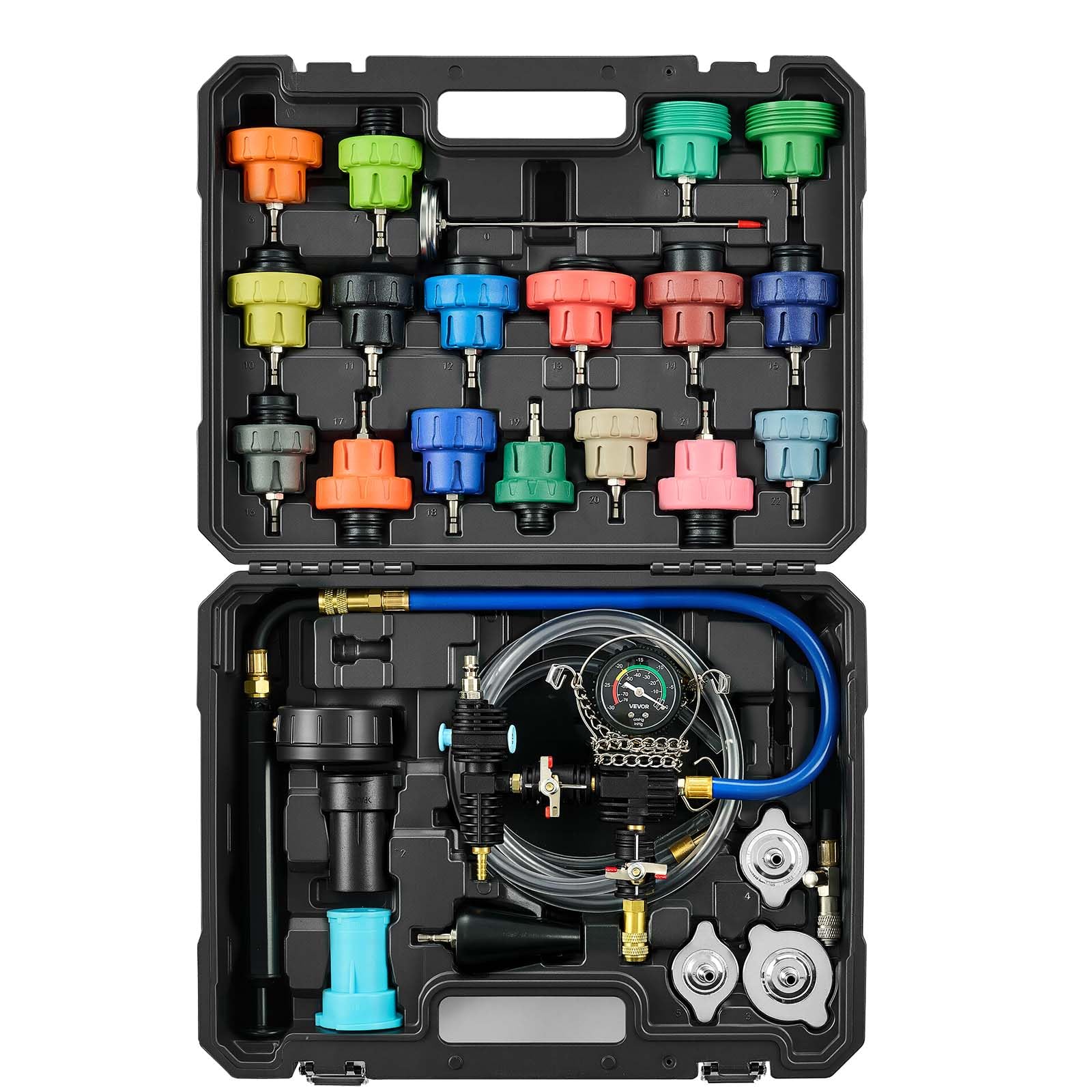 VEVOR Kit di Tester Manometri per Sistema di Raffreddamento da 47 Pezzi, Kit per Prova di Pressione del Radiatore con 3 Adattatori in Metallo, Misura Universale, Strumento di Prova per Autoveicoli