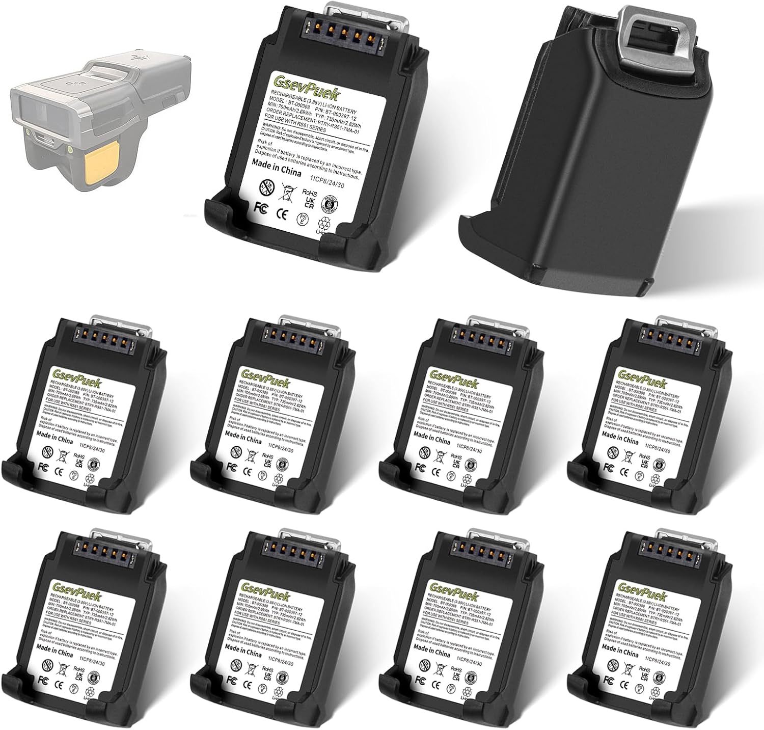 10-Pack 735mAh RS5100 Battery Extended,for Zebra RS5100 RS61 RS51 RS6100 2D RS51C0 RS60B0 Wearable Scanner Battery,BT-000397 BTRY-RS51-4MA-01 BTRY-RS51-7MA-01.