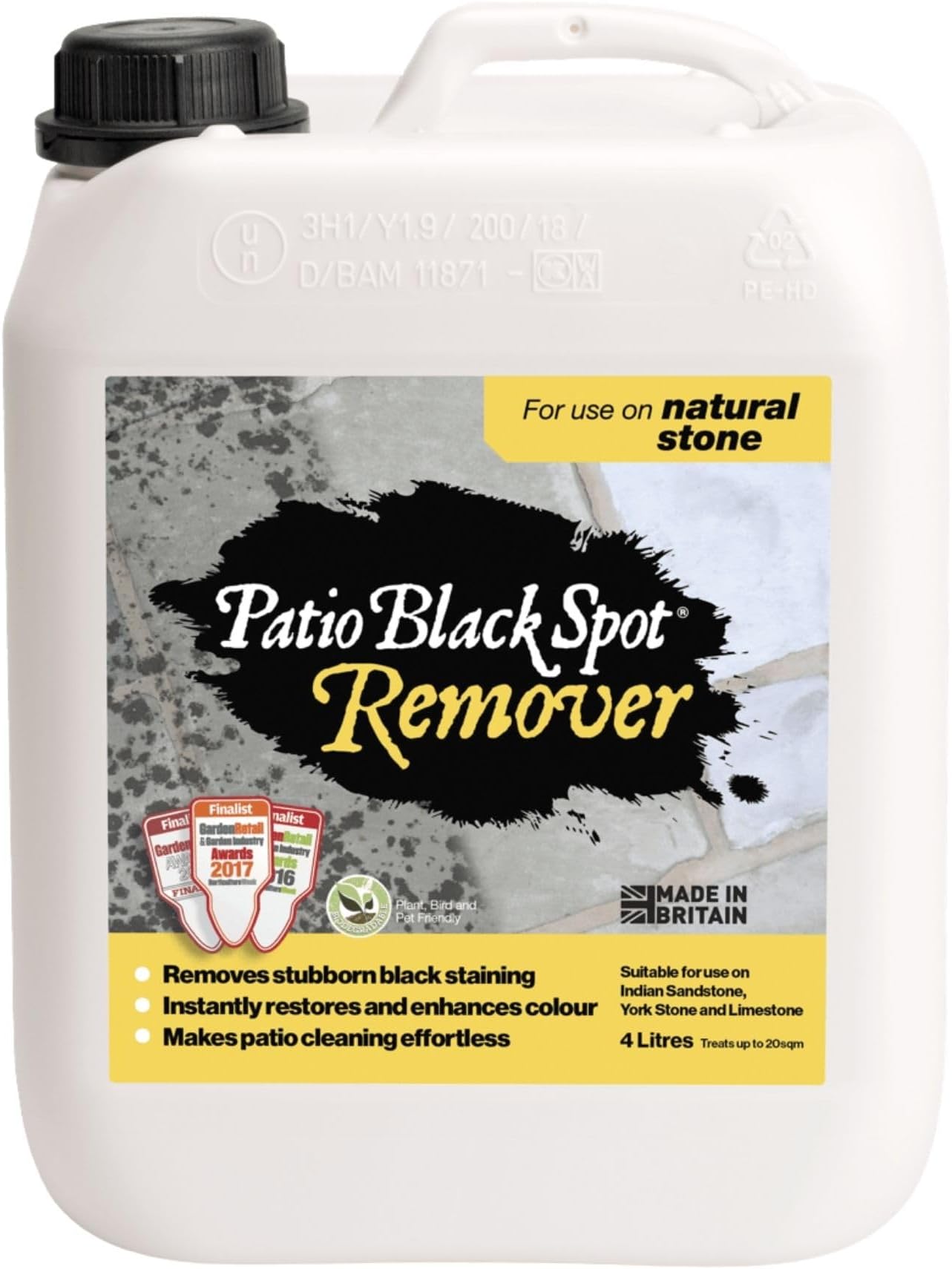 Remover Patio Cleaner for Natural Stone - Indian Sandstone, Limestone, Yorkstone - Stubborn Black Stains, Green Stains, Restore Natural Colour - Biodegradable - 4 L