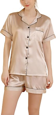 Women Satin Pajamas Set Classic 2 Piece Silk Pjs Soft Nightwear Loungewear Short Sleeve Button Down Sleepwear