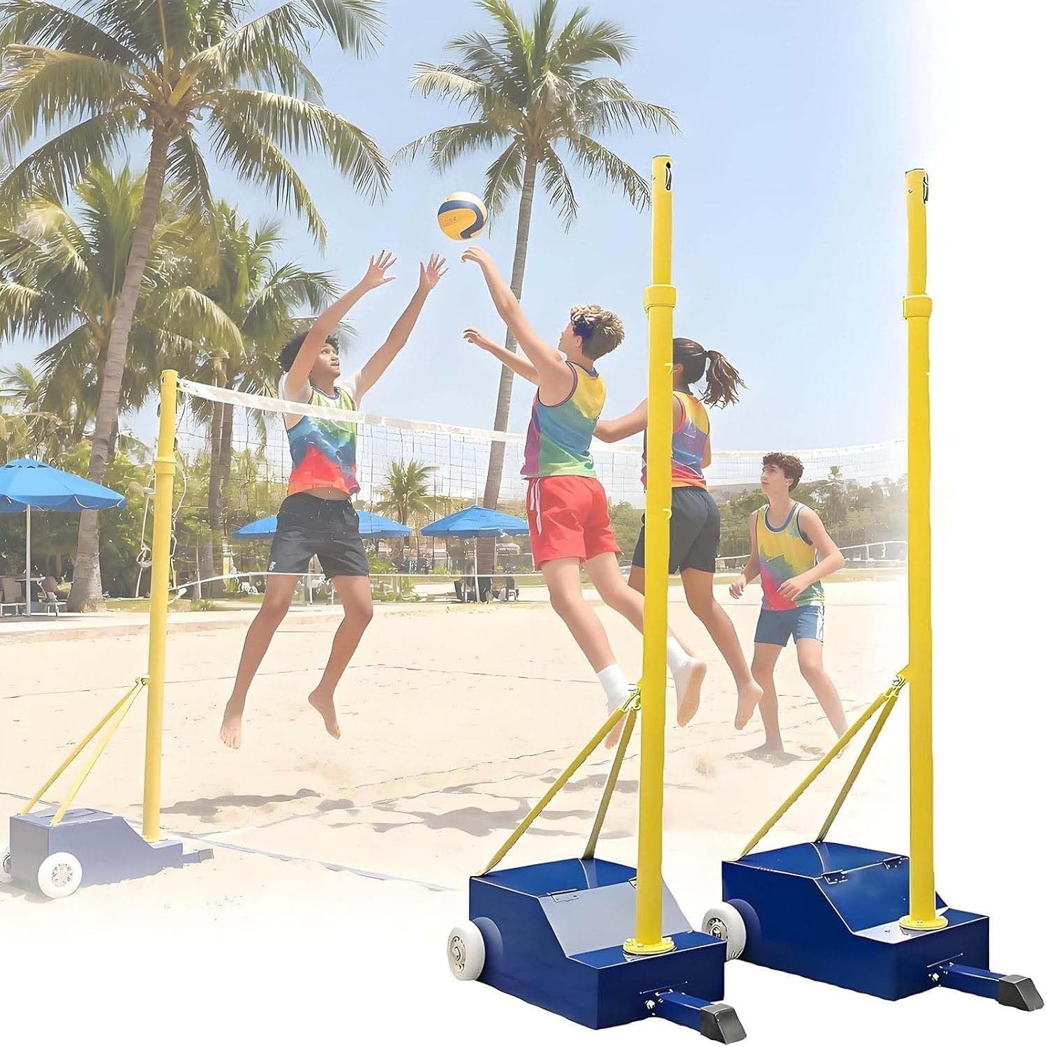 Komplettes Volleyballset Mit Softvolleyball- Und Badmintonnetz. Hochwertiges Netz, Stabile Stahlpfosten Mit 4 Höheneinstellungen Und Rollenfuß Für Optimale Mobilität.