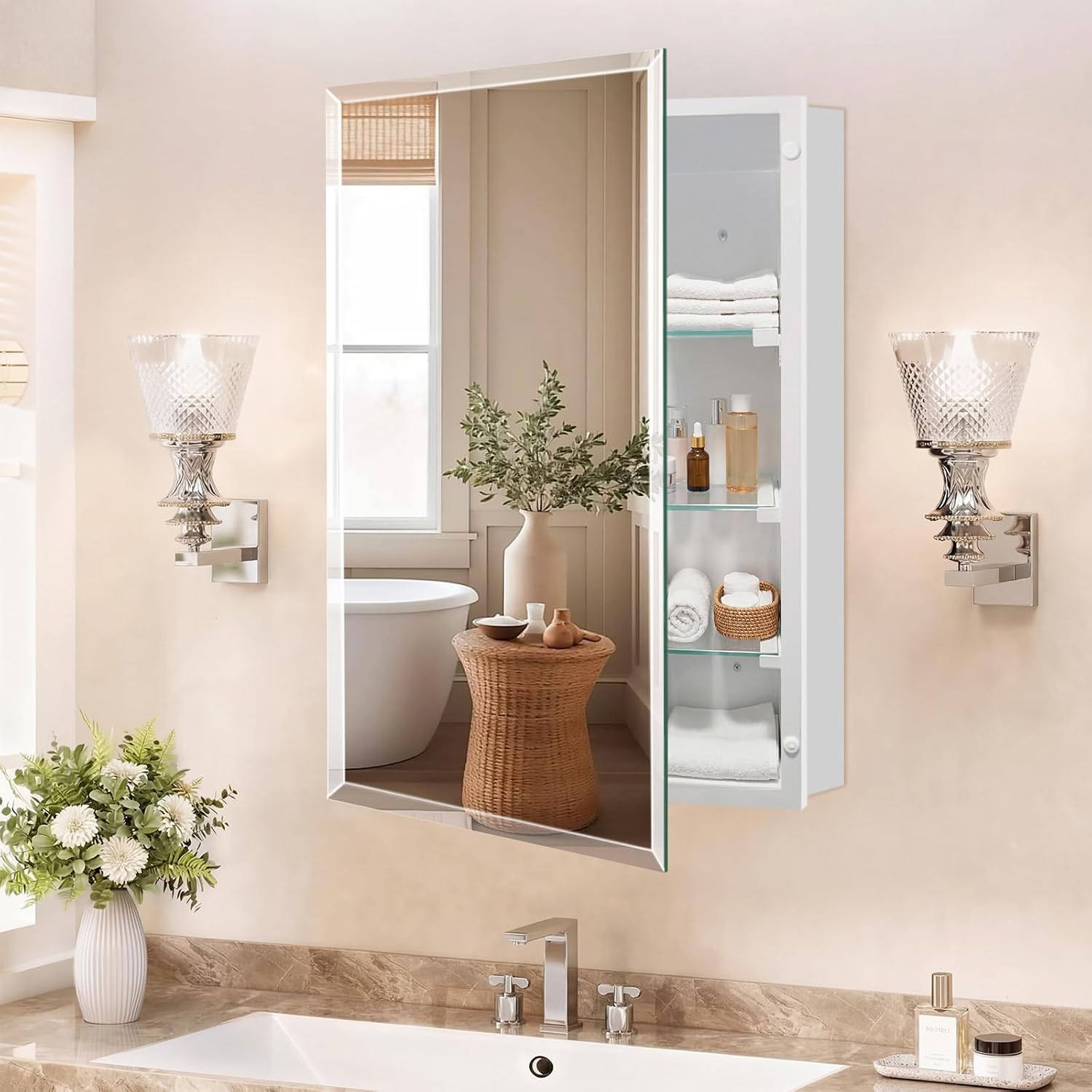22”x30’’ Frameless Beveled Mirror Medicine Cabinet, Removeable Shelf,Surface/Recessed Mount,Bathroom Cabinet with Storage