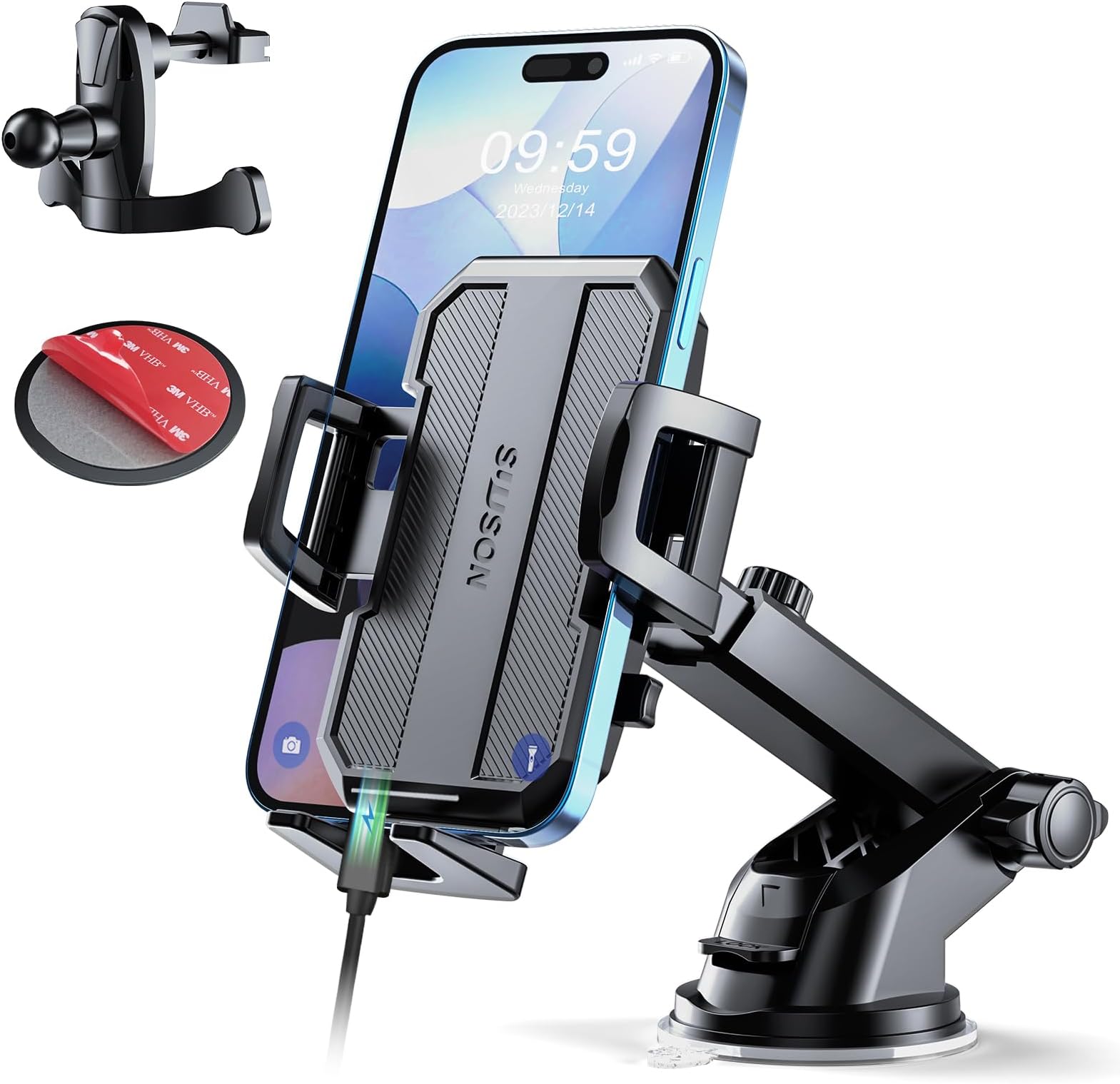 SUUSON 3 in 1 Car Phone Holder Dashboard Windshield Air Vent Phone Holder Hands Free Phone Holder for Phone 15 14 13 Pro Max All Sam/sung Cell Phones (Black)