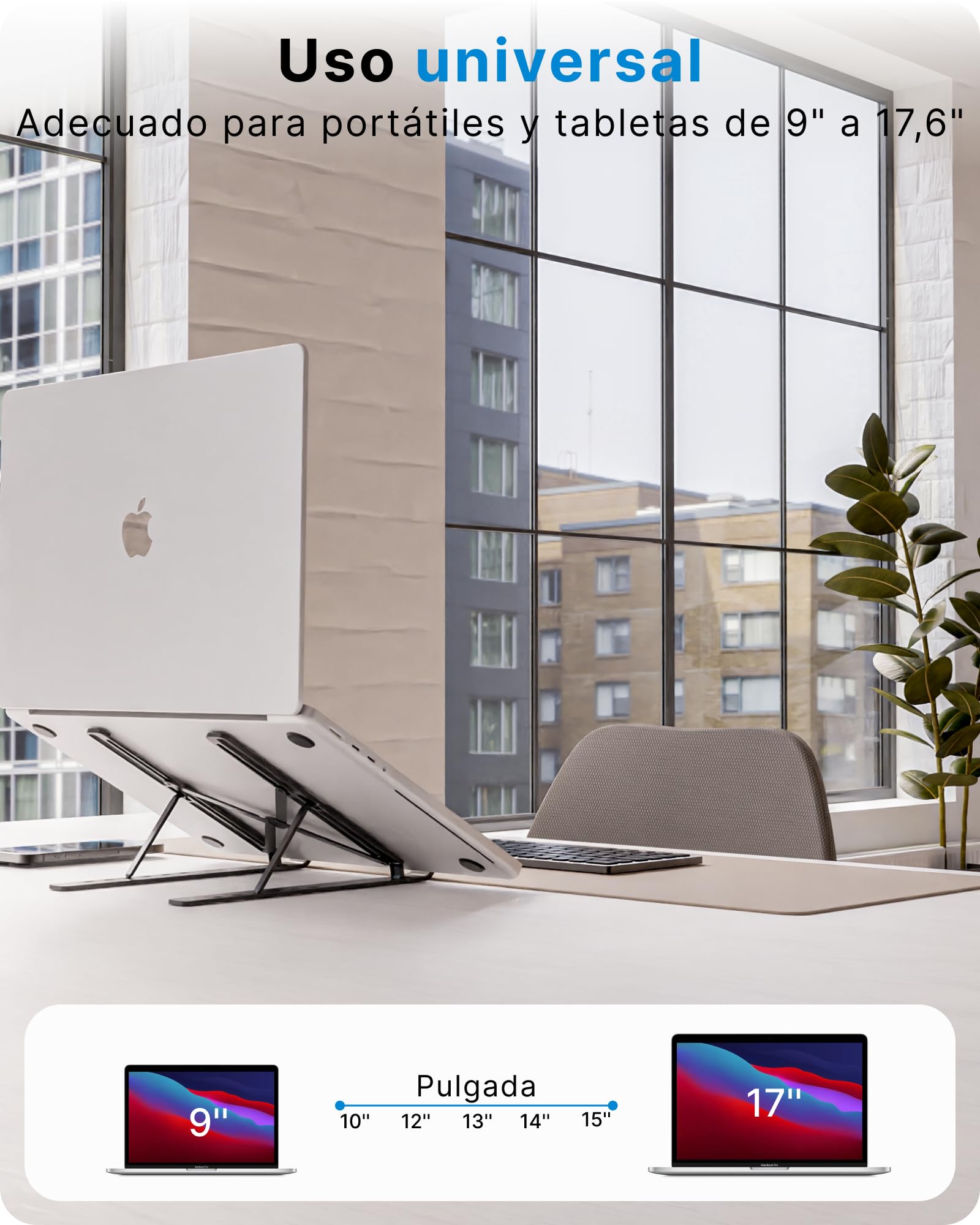 Voomy Soporte Portatil Mesa, Base 6 Ángulos Elevador Ajustable, Laptop Stand 9-16" de Aluminio para Portátil, Macbook, Notebook, Ordenador, Negro