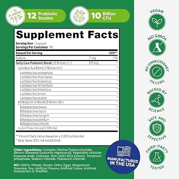 Probulin Daily Care Probiotic Supplement, Digestive, Gut, and Immune Health Support Capsules for Men and Women, 10 Billion CFU, Vegan, 30 Count Bottle
