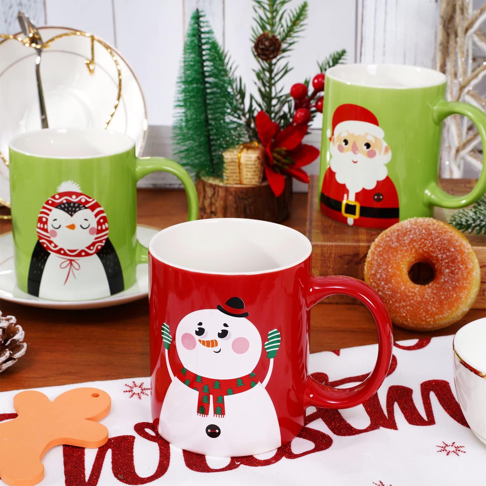 Whaline Lot de 6 tasses de Noël de 355 ml, motif Père Noël, bonhomme de neige, renne, pingouin, tasse à café de Noël rouge et vert en céramique pour la maison, l'école, le bureau, centre de table,