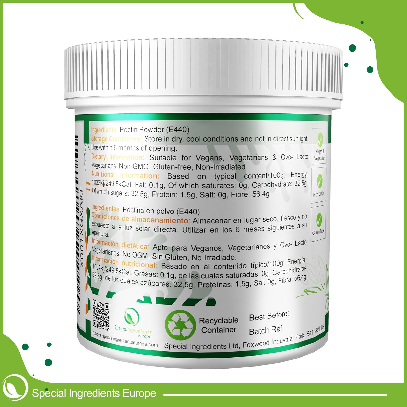 Special Ingredients Pectine 250 gr Poudre, Ideal pour Préparer Confitures, Marmelades, Chutneys et Pâtes de Fruits, Qualité Supérieure, Gélifiant, Végétalien Végétarien - 250 grammes