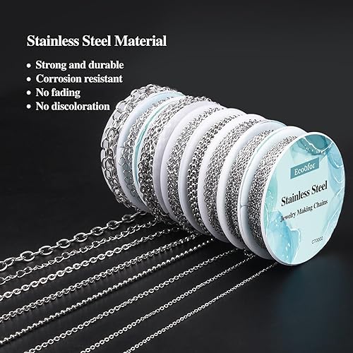 Miniatura 4 de Ecoofor Cadenas de collar para fabricación de joyas, 62.3 pies, 8 rollos de acero inoxidable 304, cadenas de joyería para manualidades, collares,
