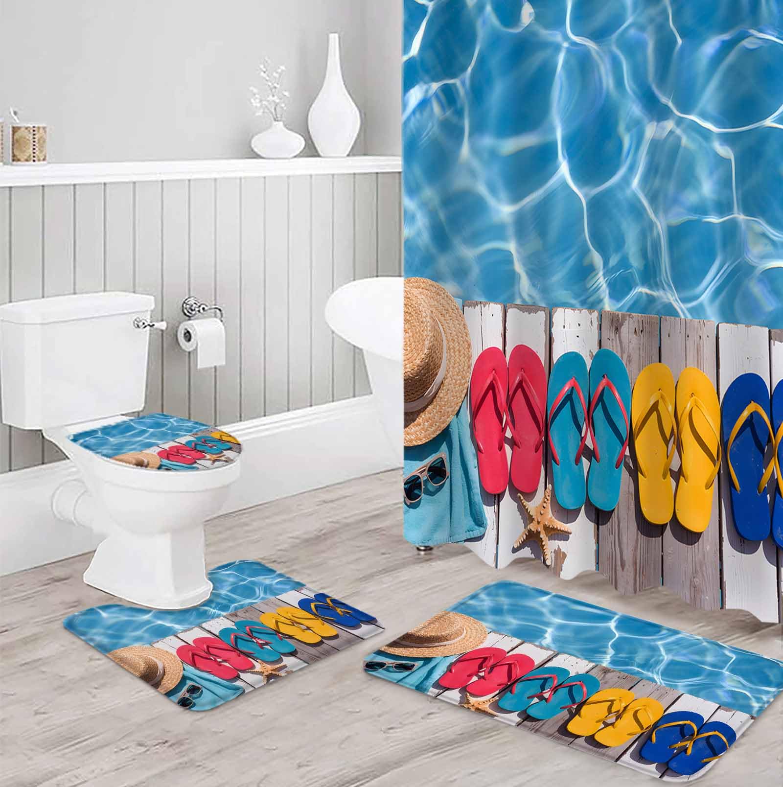 Summer Slippers Bathroom Set with Shower Curtain and Rug and Accessories - 36x72 Inches Long Tropical Straw Hat Pool Wood Grain Stall Curtain Waterproof with Large Bath Mat, Washable Runner Rug Set