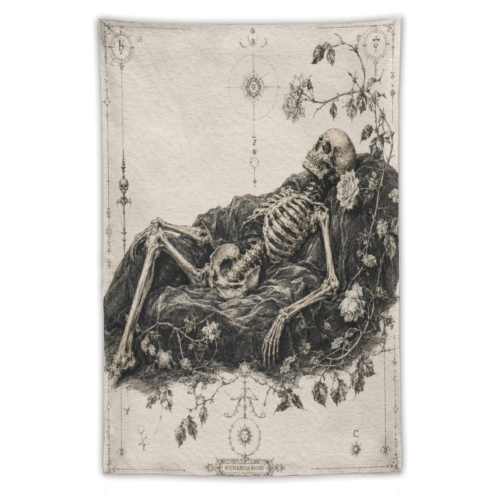 W7C8U2X3 Skeleton Reclining Ink Study Wall Tapestry, Fantasy Illustration