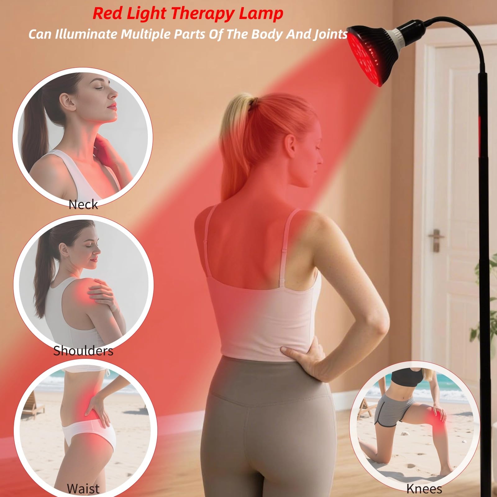 Lampe de luminothérapie rouge infrarouge 660 nm et 850 nm avec support et angles réglables pour le visage et le corps – 54 W, 18 LED, minuterie de 5 à 30 minutes, 5 niveaux de luminosité avec lunettes