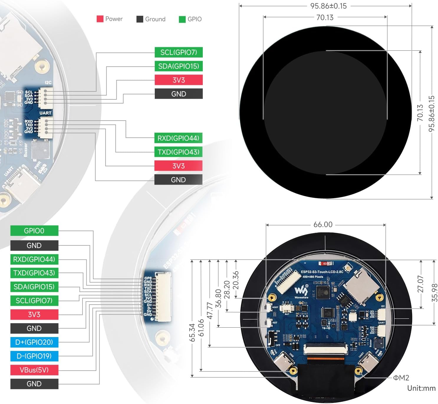 Waveshare ESP32-S3 2.8inch Capacitive Touch Round Display Development Board, 480×480, 32-bit LX7 Dual-core Processor, Supports WiFi & Bluetooth, ESP32 with Display
