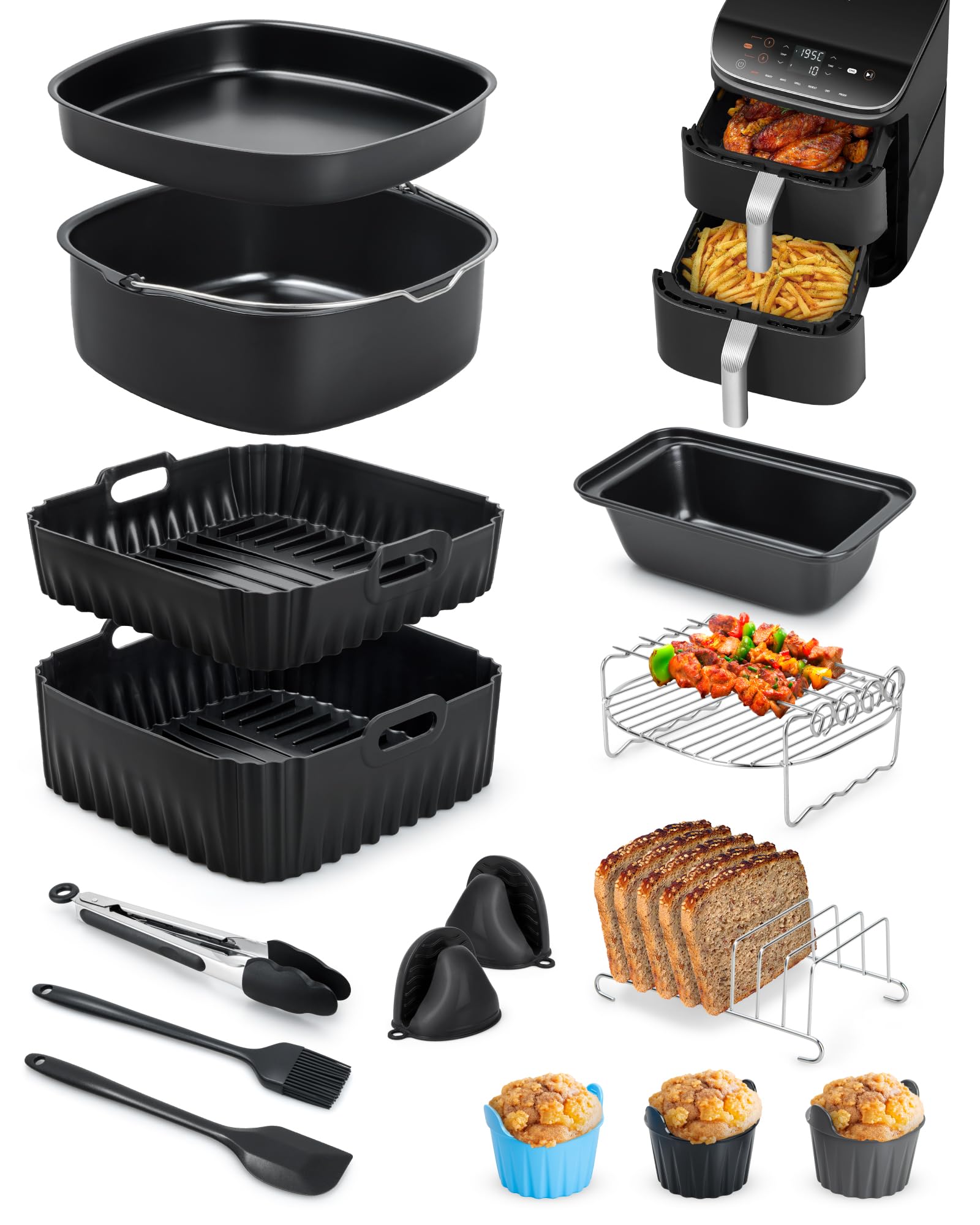 15-Teiliges Heißluftfritteuse Zubehör für COSORI Turbo Tower Pro 10,8L 2 Kammern(6,5L/4,3L), Inklusive 2 Stück Airfryer Silikonform, Kuchenteller, Pizzaplatte, Brotform Muffinform usw Zubehör