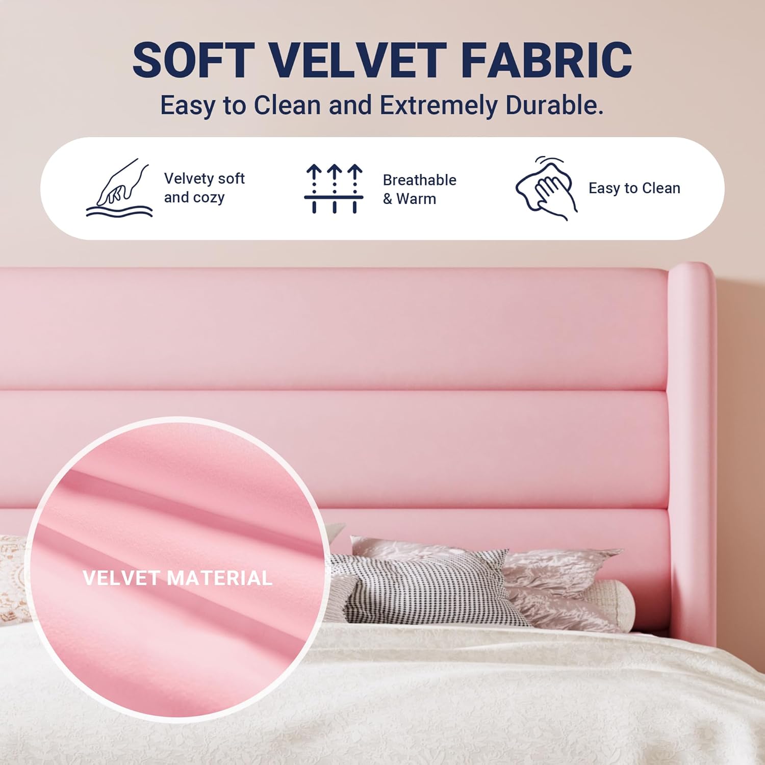 Allewie King Size Platform Bed Frame with Velvet Upholstered Wingback Headboard, No Box Spring Needed, Under Bed Storage Space, Strong Wooden Slats, Modern Mattress Foundation, Easy Assembly, Pink