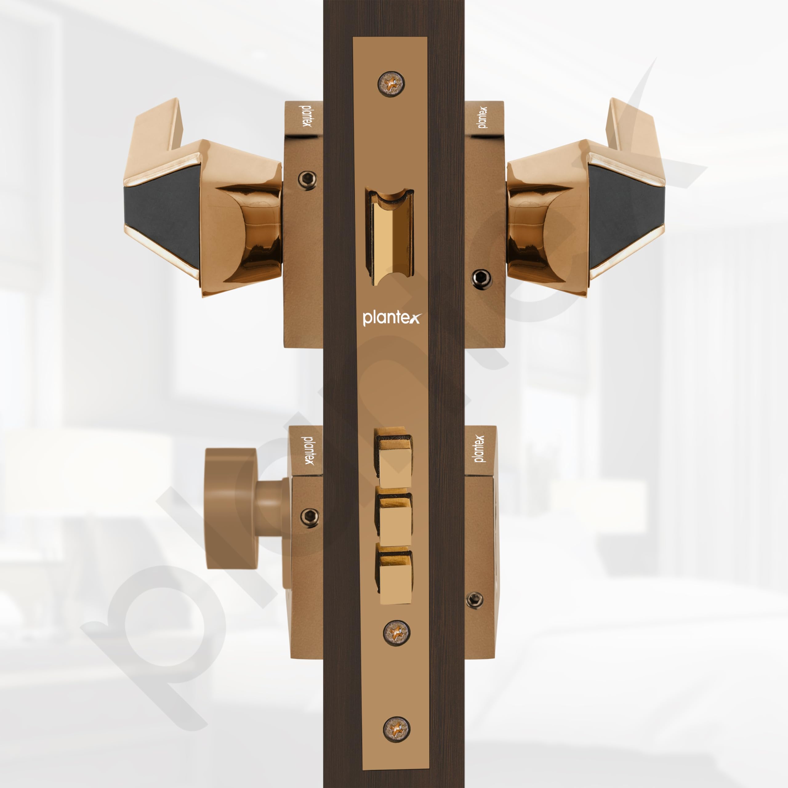 Plantex Mortise Lock - Rose Gold & Black Handle Set -3