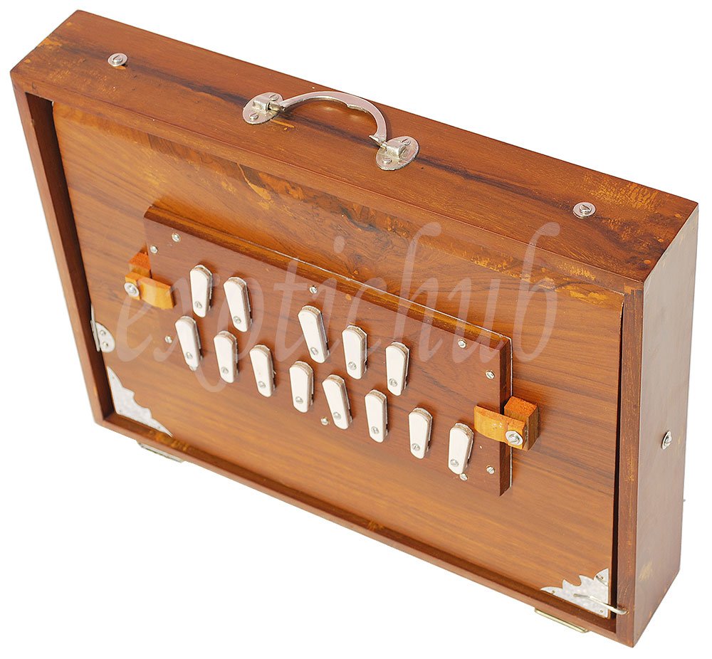 Shruti-Box aus Teakholz (40,6 x 30,5 x 7,6 cm), gestimmt auf: 440 Hz, Gigbag, Farbe: natürliches Teakholz, Tonart: -C zu C (niedriger Ton: Rohrblatt - Stecktyp), Sur Peti, Yoga, Bhajan, Kirtan, DJ