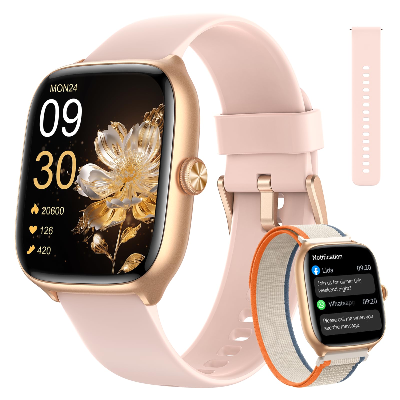 Smart Watch for Women Android iPhone [40mm 3 Bands], 1.75‘’ AMOLED Display Fitness Watch with Answer/Make Calls, 110+ Sport Modes, Heart Rate/Sleep/SpO2 Monitor, 3ATM Waterproof (Cloud Star Pink)