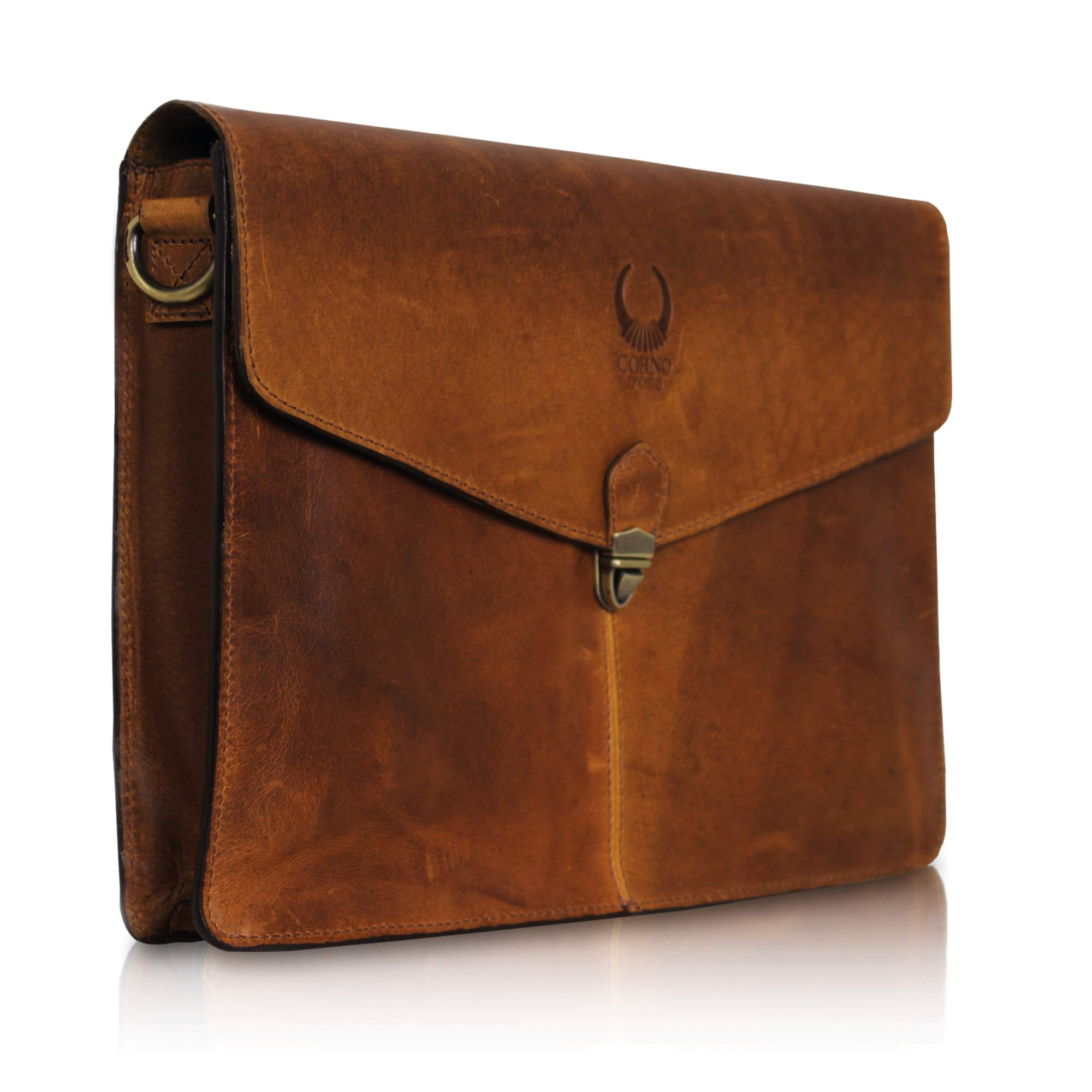 Corno d´Oro Premium Laptoptasche 14 Zoll Laptop Leder I Handgefertigte MacBook Tasche Echt Leder I Umhängetasche Herren Klein Braun für DIN A4 Größe