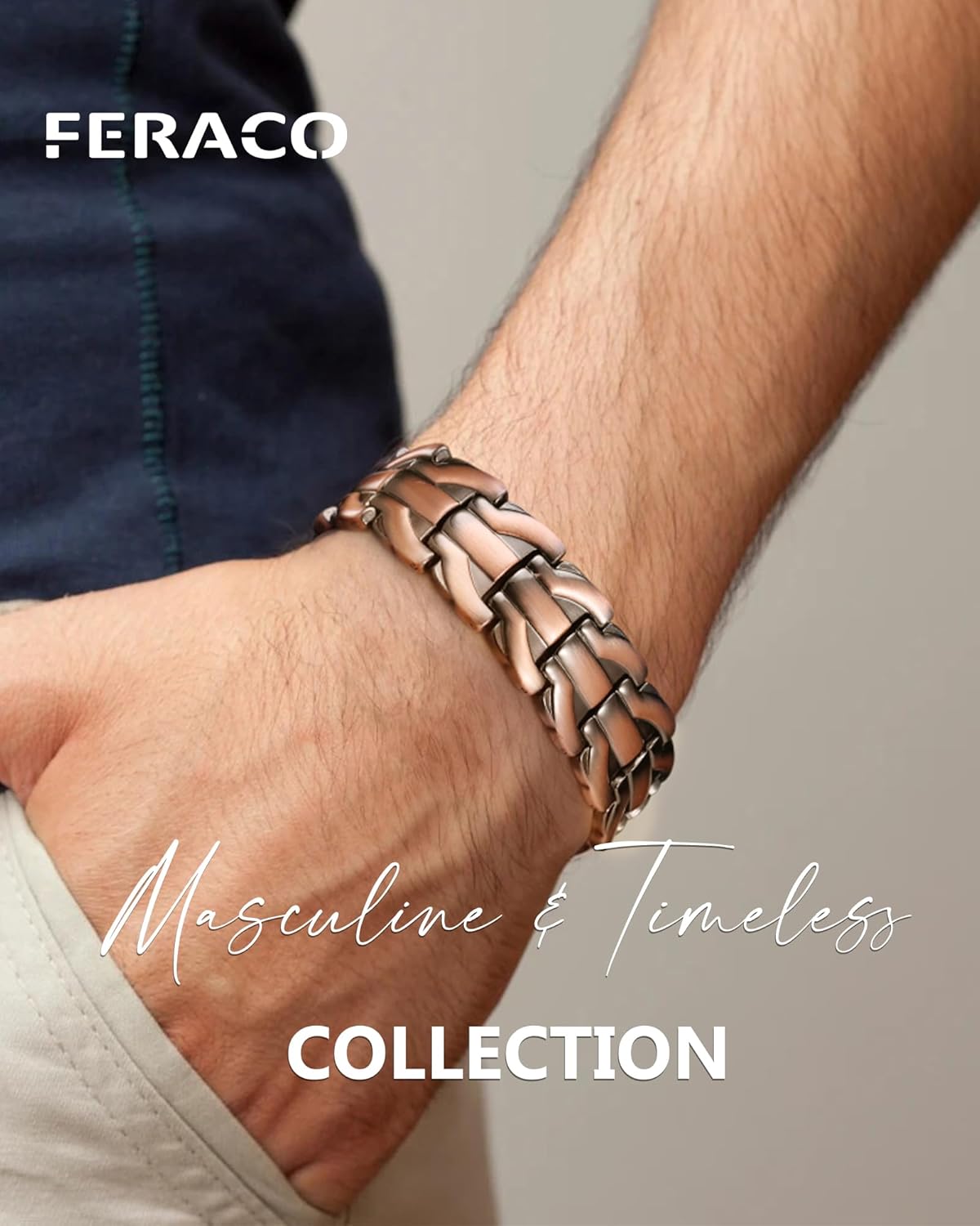 Feraco Copper Magnetic Therapy Bracelet for Men with 5X Strength Magnets,99.99% Pure Copper Therapy Bracelet with 5000 Gauss Magnets - Image 2