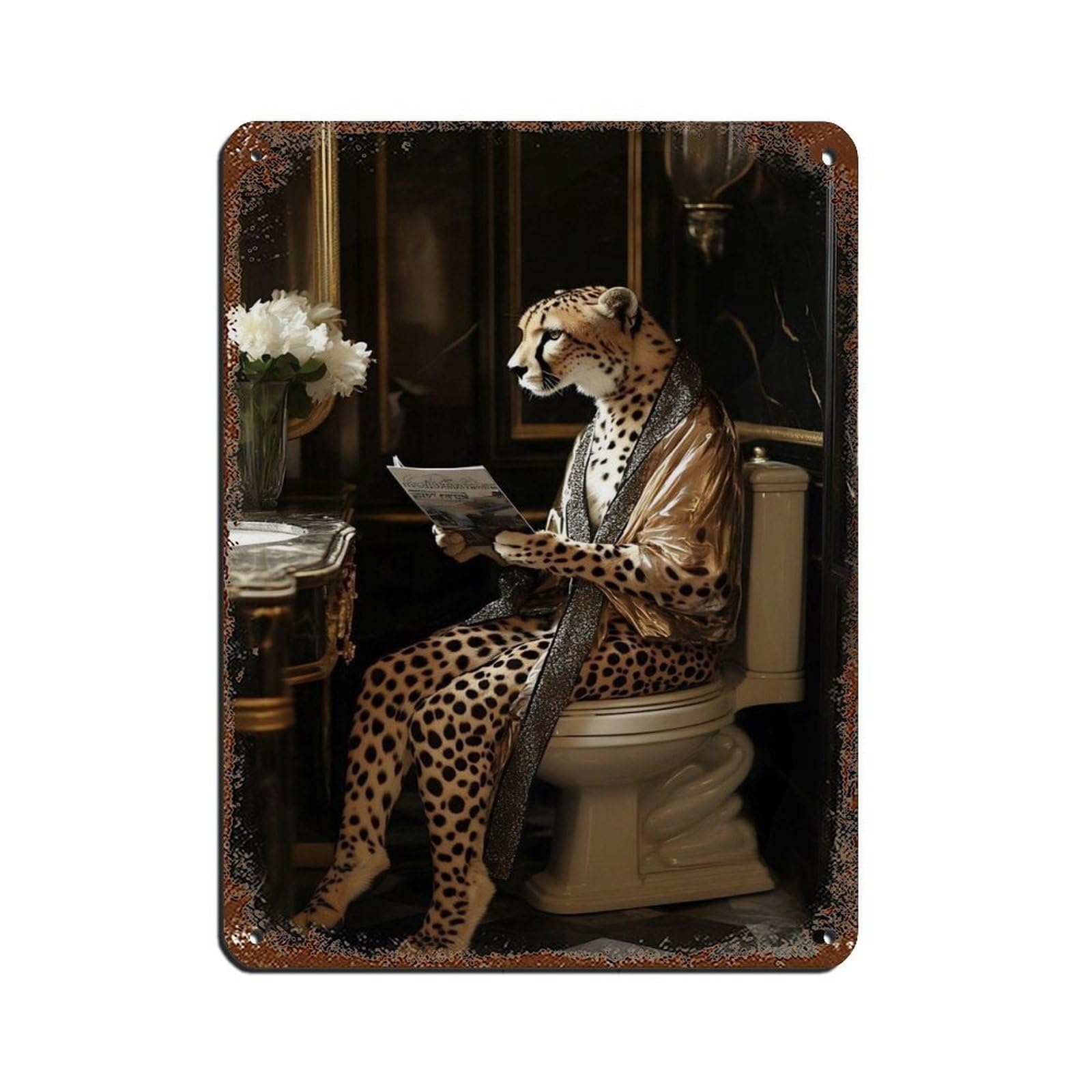 Lxwnze 30L X 40W Cm Funny Cheetah, Cheetah Reading Magazine Retro Poster Metal Tin Sign Chic Art Retro Iron Painting Bar People Cave Cafe Family Garage Poster Wall Decoration 12X16inch(30X40cm)