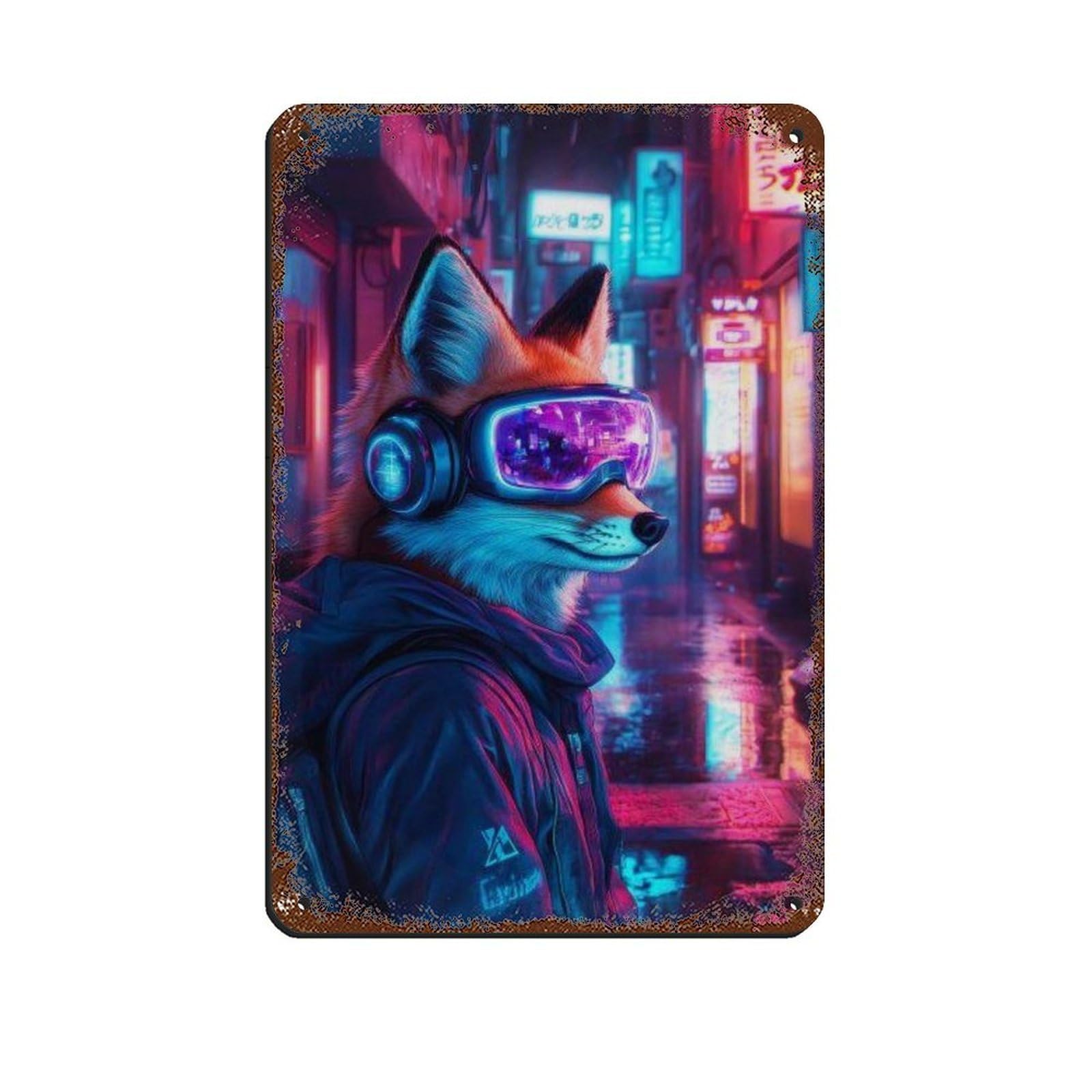 Lxwnze 20L X 30W Cm Futuristic Cyberpunk Fox, Neon Cityscape Decor Retro Poster Metal Tin Sign Chic Art Retro Iron Painting Bar People Cave Cafe Family Garage Poster Wall Decoration 8X12inch(20X30cm)