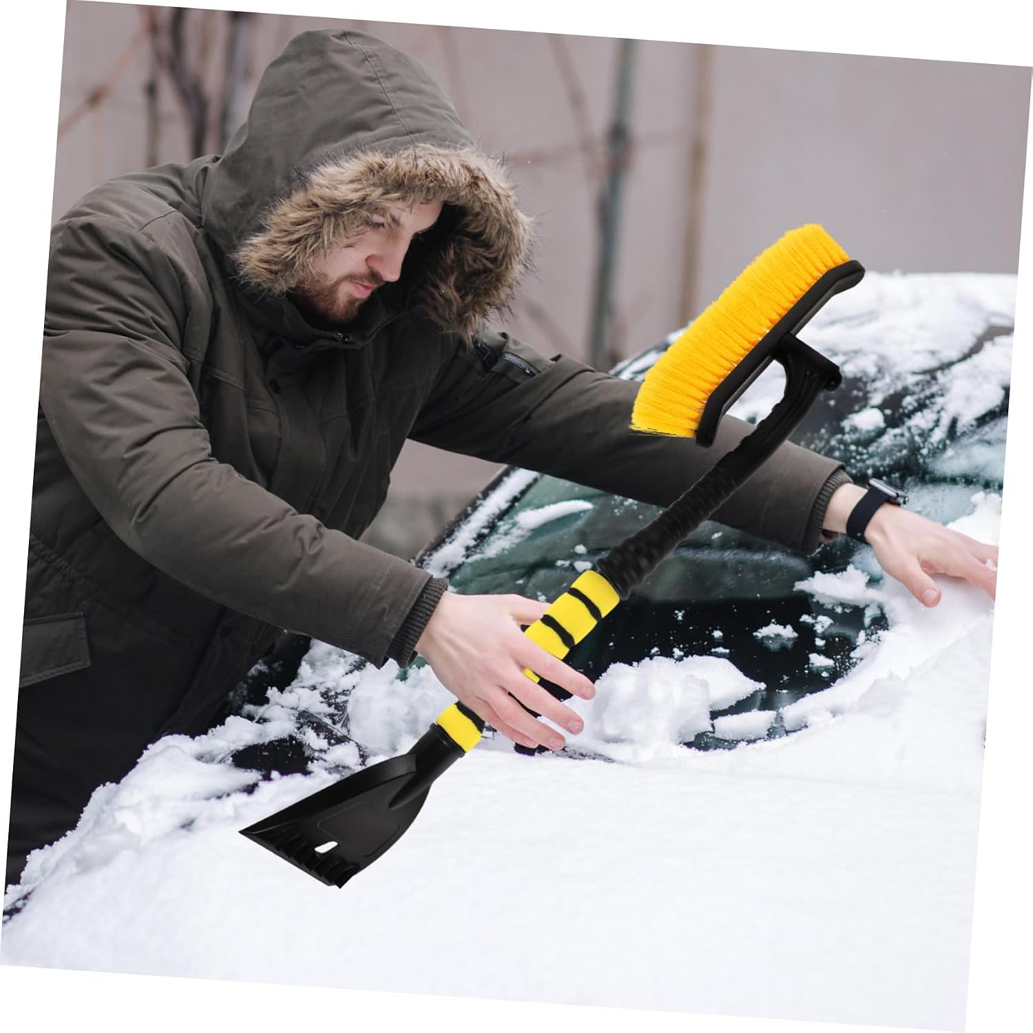 Scratch-Resistant Detachable Snow Brush and Ice Scraper for Car, 145mm Rotatable Head, Yellow-Black, Snow Cleaning Tool for Suvs and Cars Winter Exterior Accessories