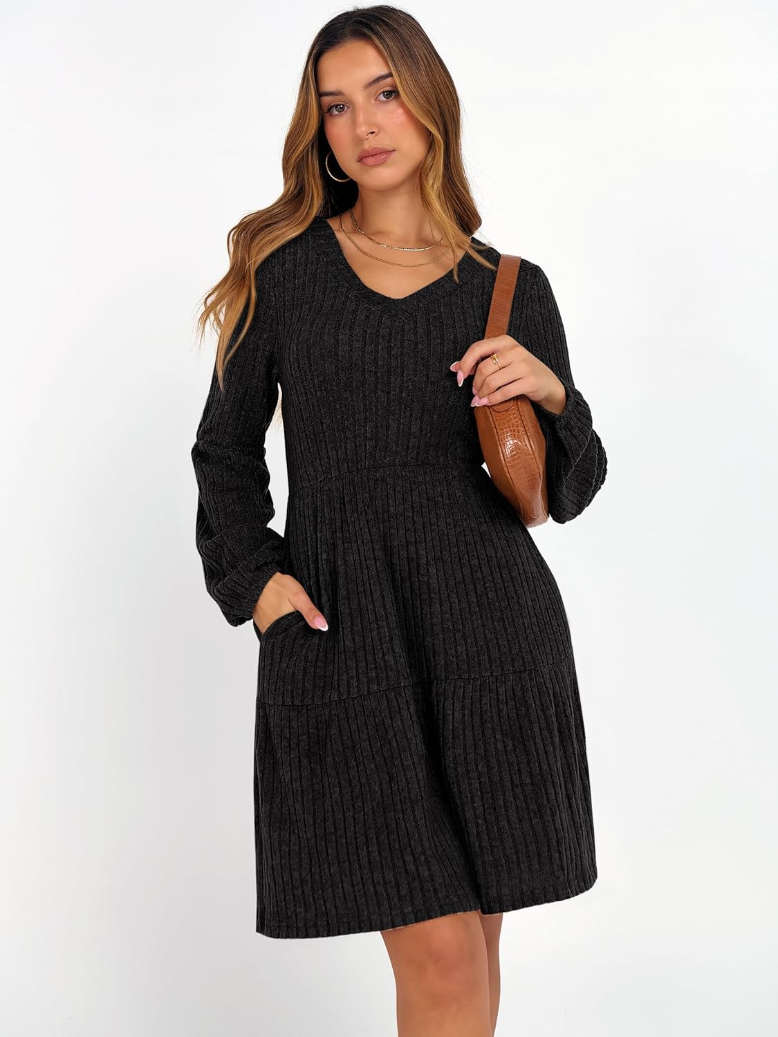 ANRABESS Women's Long Lantern Sleeve Ribbed Knit Dresses V Neck Casual 2025 Fall Winter Flowy Swing Tunic Sweater Short Dress - Image 2