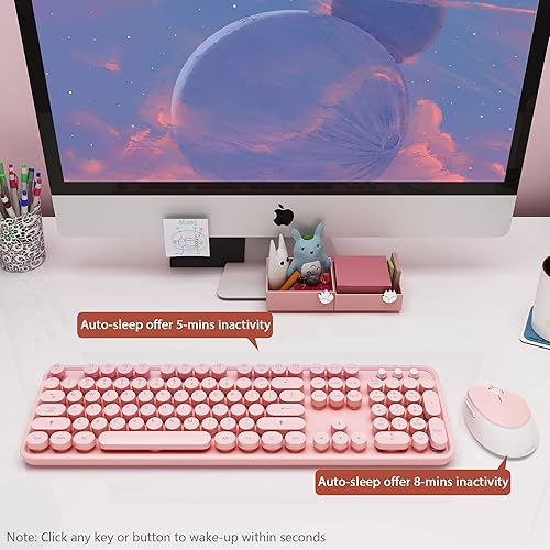 Miniatura 4 de Kootop Teclado inalámbrico, lindo y colorido de 104 teclas, máquina de escribir retro, redondo, teclado para computadora portátil, escritorio, S300