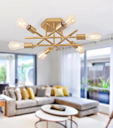 Miniatura 10 de Lámpara de techo de 4 luces para montaje semiempotrado, lámpara de araña dorada de estilo industrial granja de mediados del siglo para pasillo,