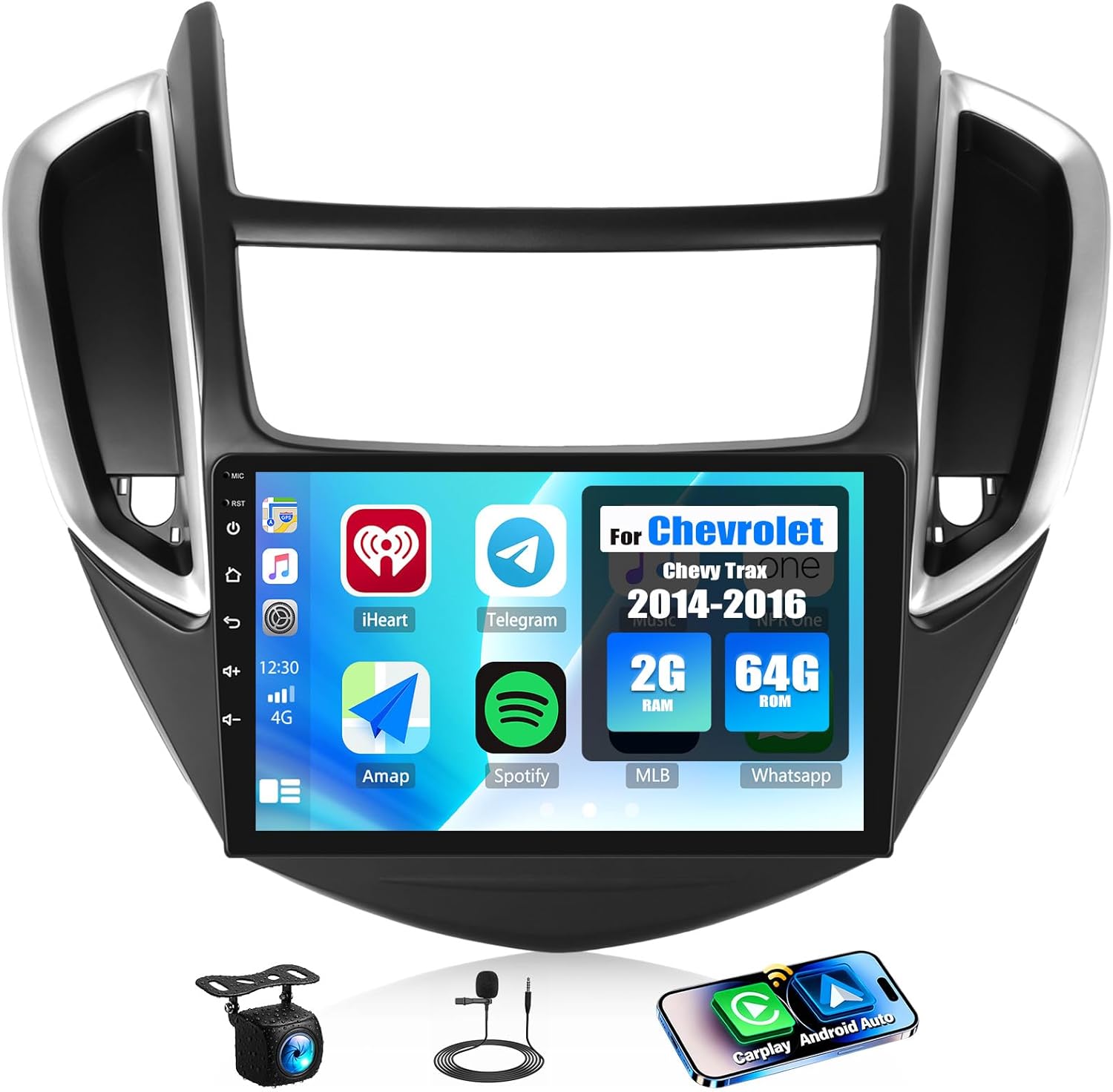 2G+64G Car Radio for Chevrolet Chevy Trax 2014-2016 with Wireless Carplay Android Auto,9” Touchscreen Android 15 Car Stereo with Mirror Link WiFi/GPS Navigation Bluetooth FM/RDS SWC+Rear Camera