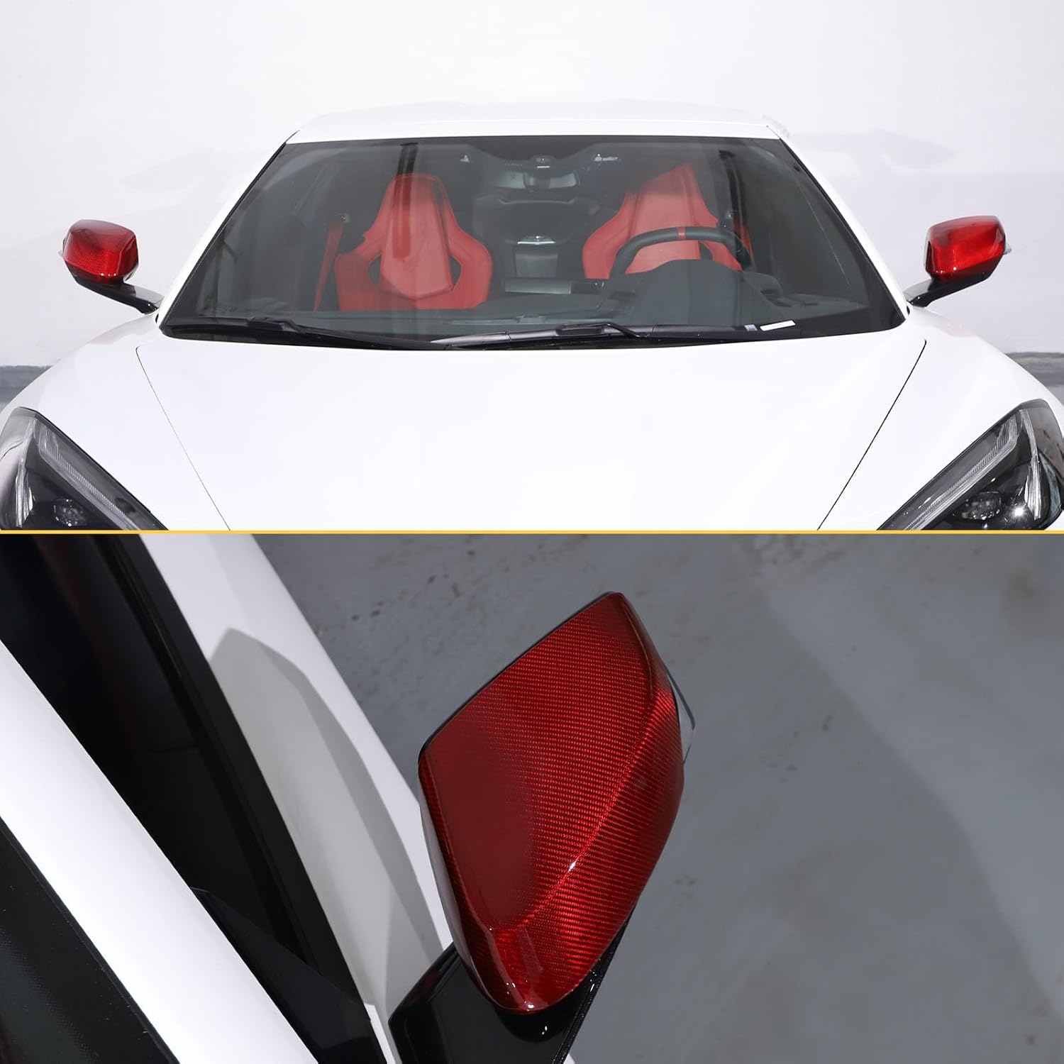 100% Real Carbon Fiber Side Rearview Mirror Guard Cover Trim Compatible with Chevrolet Corvette C8 2020-2023+, Door Rear View Mirror Cover Cap, Add On Style Mirror Caps C8 Accessories (Red)