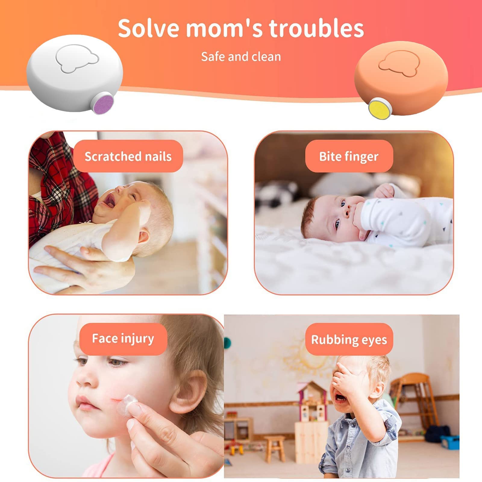 Julyupoli Lime à Ongles Électrique pour Bébé 6 en 1 Kit de Tondeuse à Ongles pour Nouveau-Nés Enfant et Adulte têtes de meulage remplaçables,faible bruit (Orange)