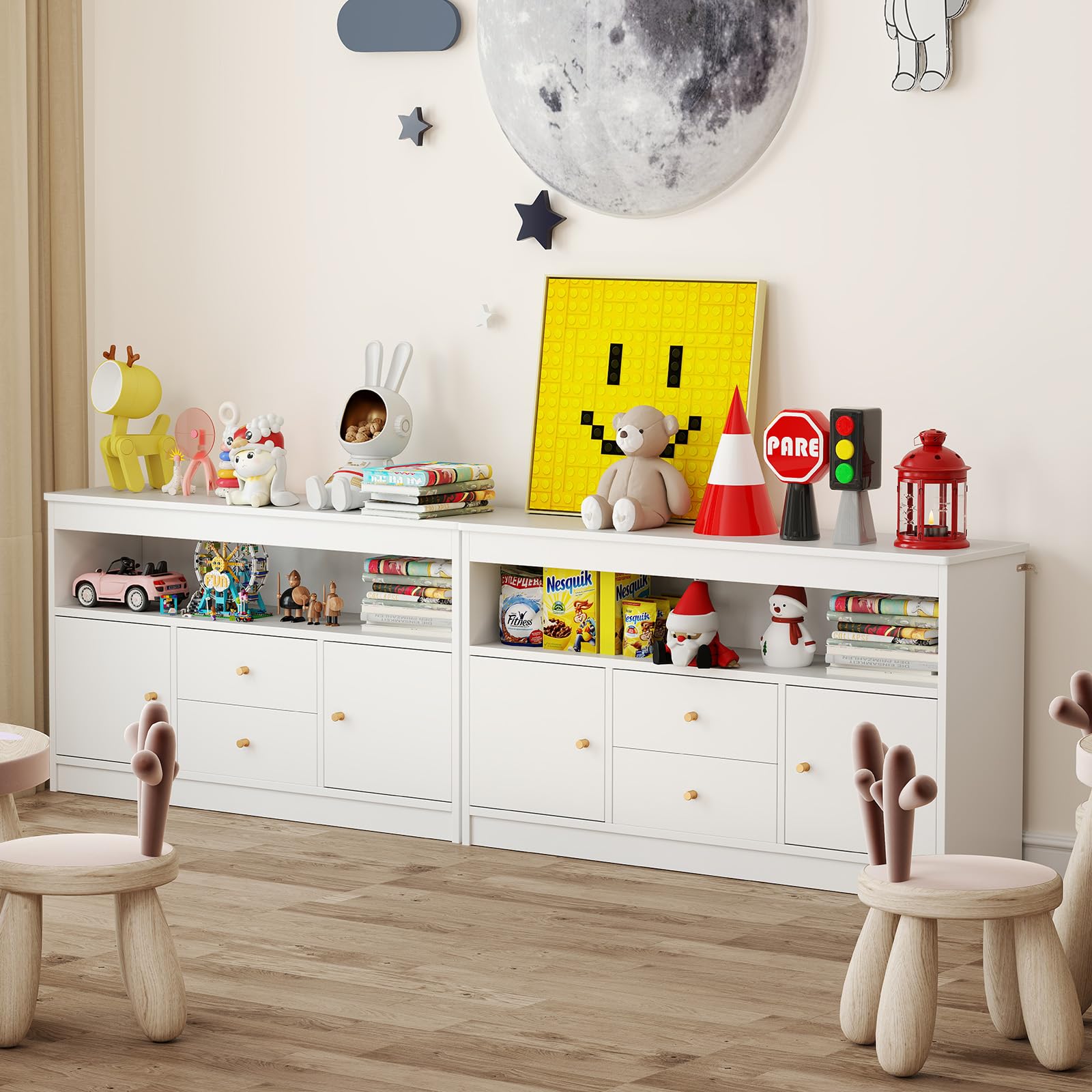 COSTWAY Armario de Juguetes para Niños, Estantería Infantil de Madera con Estante Abierto, 2 Cajones y 2 Puertas, Mueble Multifuncional para Salon, Dormitorio, Guardería, Jardín de Infancia (Blanco)