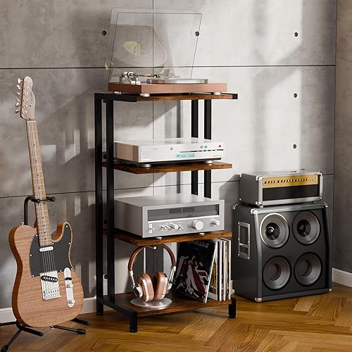 Miniatura 5 de X-cosrack Soporte multimedia AV pequeño de 4 niveles de 16.5 pulgadas, versión estrecha, estantes de esquina de madera, gabinete estéreo, soporte de