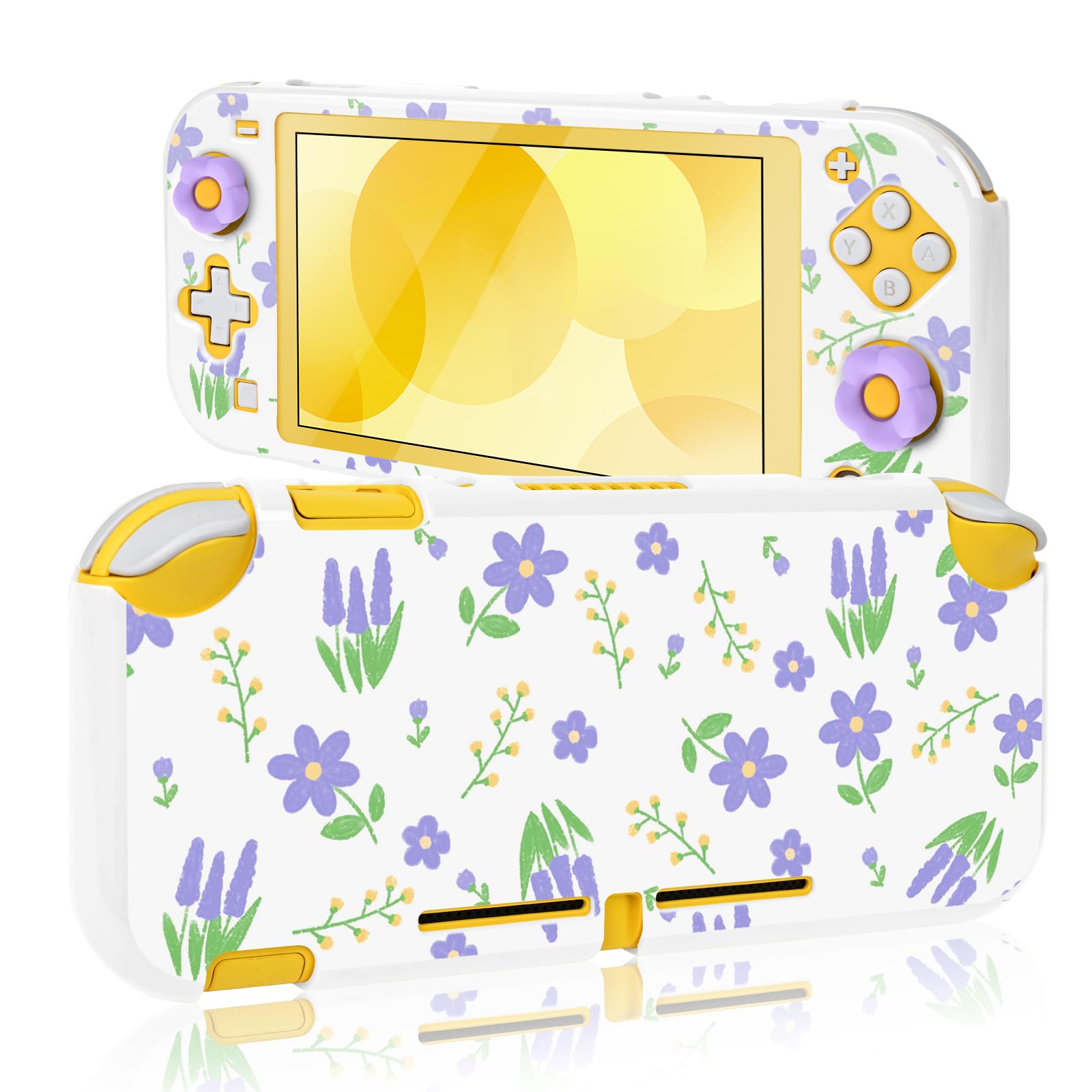 DLseego Protective Case for Switch Lite,Flower Printing Hard PC Full Protection Shell Cover Anti Scratch Skin with 2PCS Thumb Grip Caps,White1 — image 1
