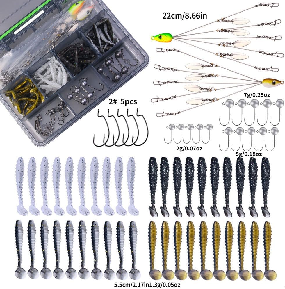 62-Piece Boxed Alabama Rig Set with Jig Heads, T-Tail Soft Baits and Hooks, Alabama Umbrella Rig, Fishing Accessories for Freshwater and Saltwater Fishing