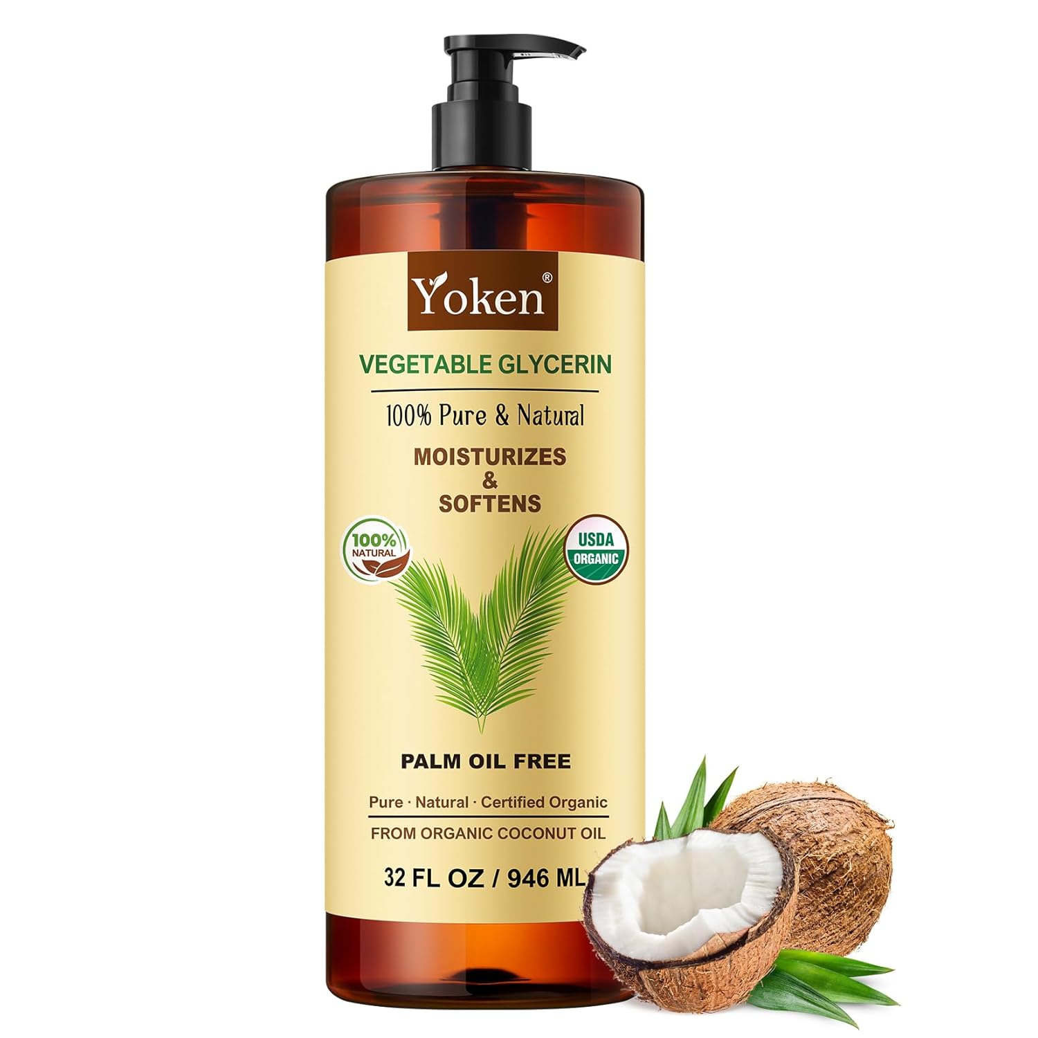 Organic Glycerin Vegetable Glycerine 32 fl oz USDA Certified, Liquid Glycerol, Glicerina Vegetal, No Palm Oil, Coconut-Derived, Natural Pure for Skin Face Hair, DIY Soap & Slime, Essential Oil Carrier