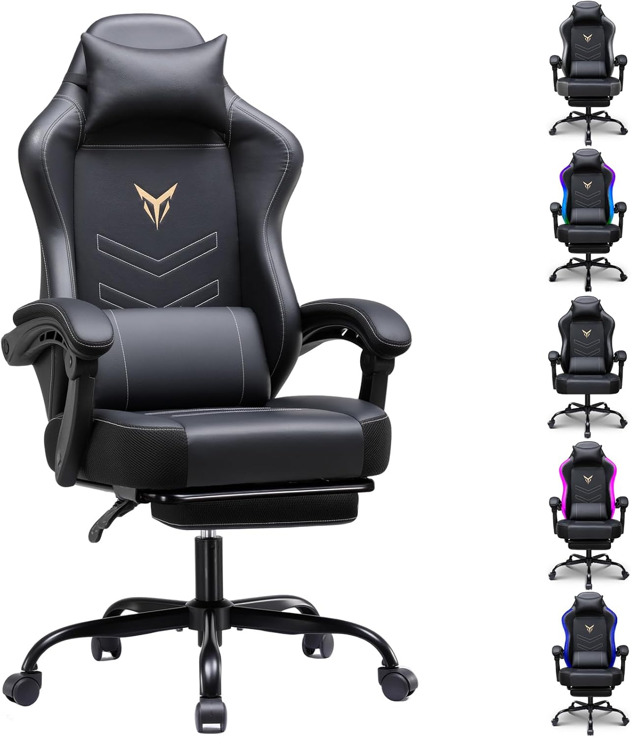 GTPLAYER Gaming Chair, Office Chair High Back Computer Chair with Foot Rest for Adults, Leather Desk Chair Executive Ergonomic Height Adjustable with Headrest and Lumbar Support, 300lbs Black